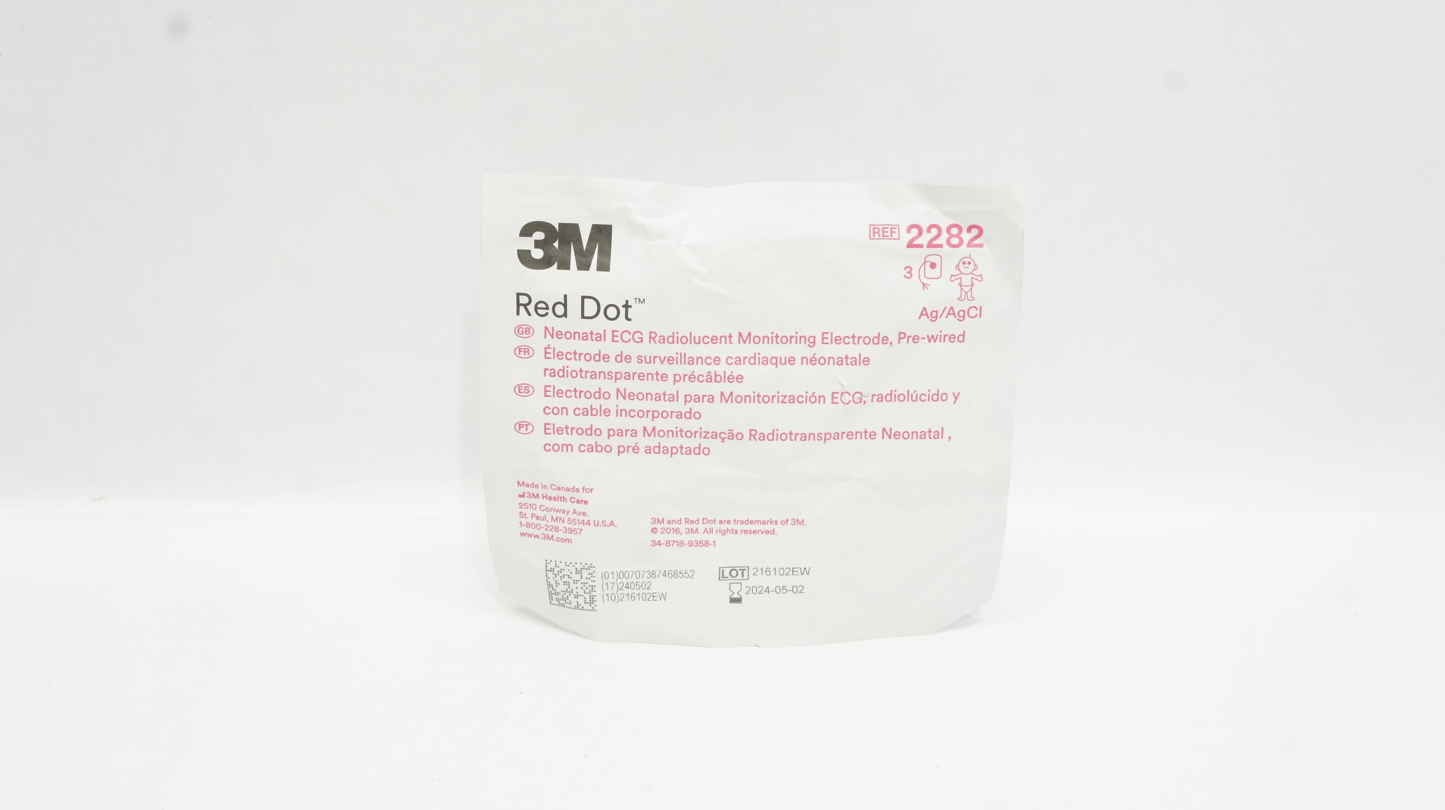3M 2282 Red Dot Neonatal ECG Radiolucent Monitoring Electrode - Pack of 3