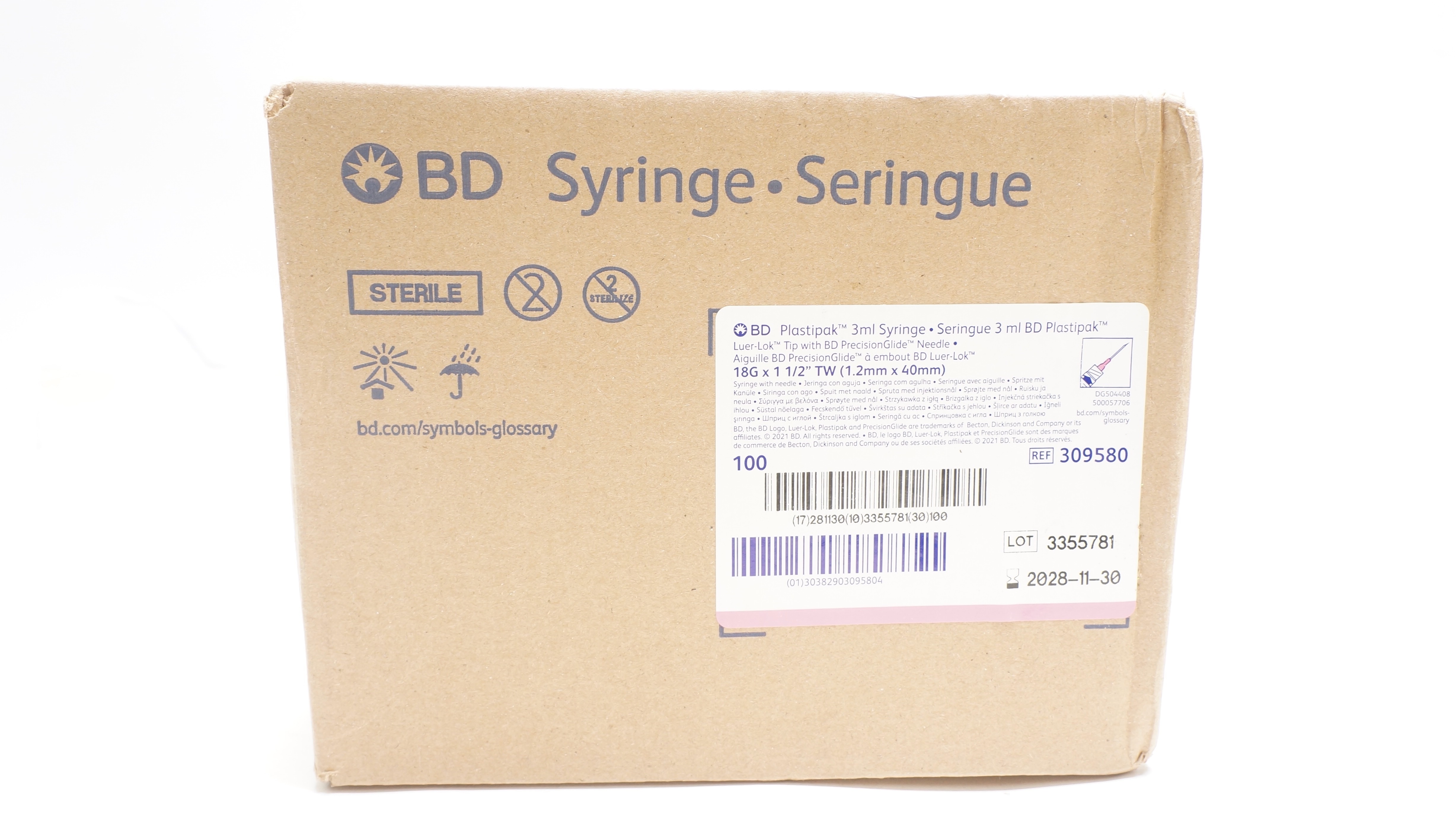 BD 309580 Syringe 3ml, Luer-Lok Tip W/PrecisionGlide Ndle 18Gx1-1/2In-Box of 100