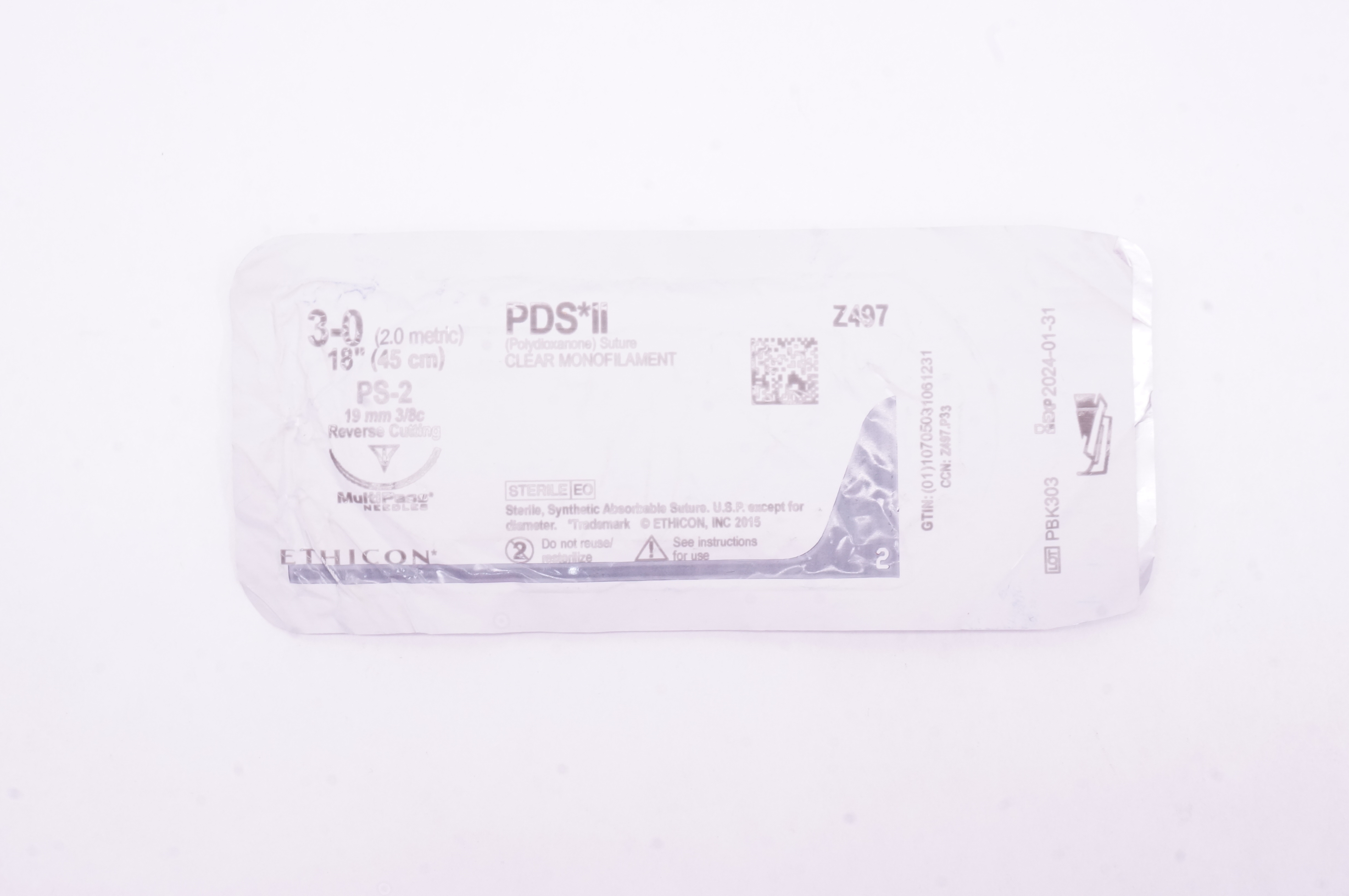 Ethicon Z497 3-0 PDS II, PS-2, 19mm 3/8c Reverse Cutting, 18inch