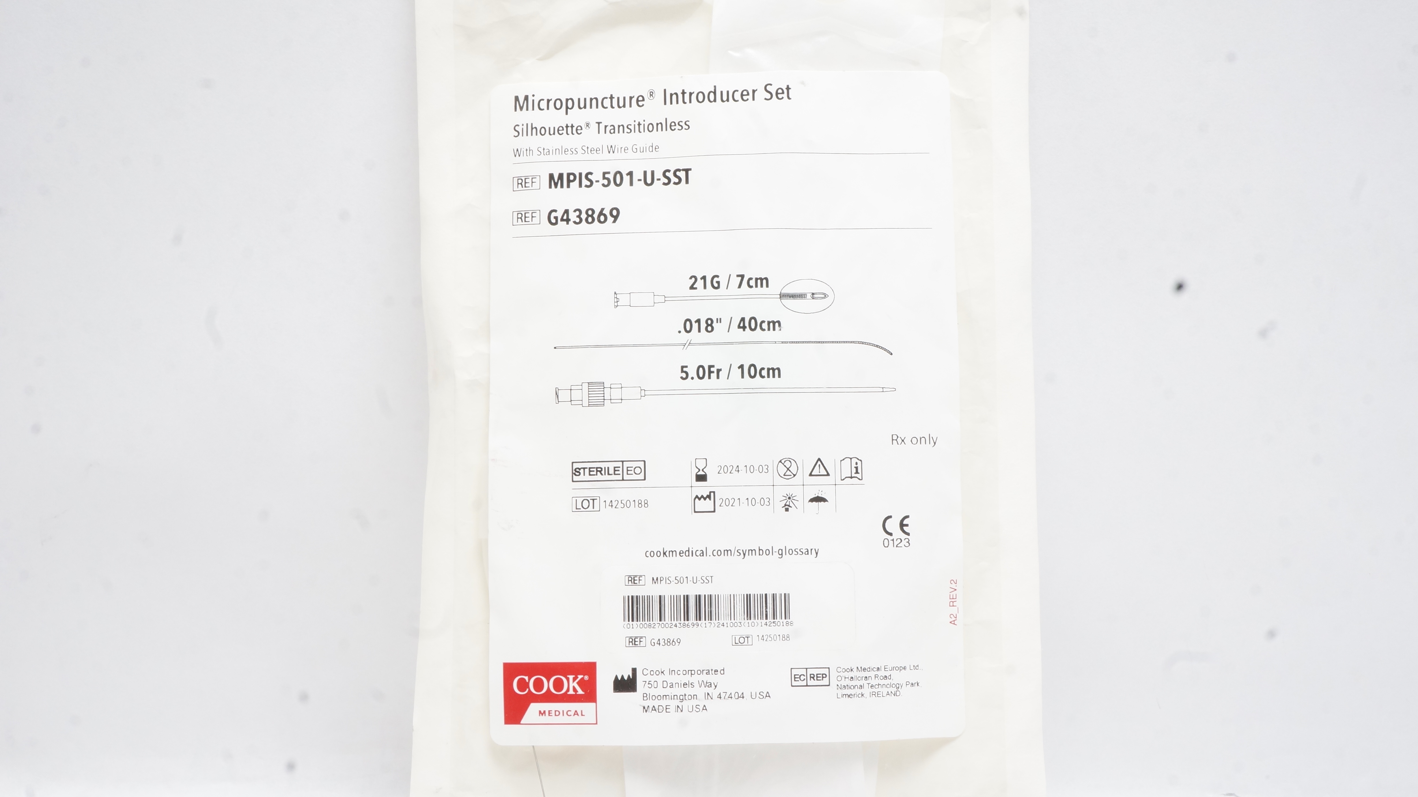 Cook G43869 Micropuncture Introducer Set Silhouette Transitionless 5.0Fr/10cm