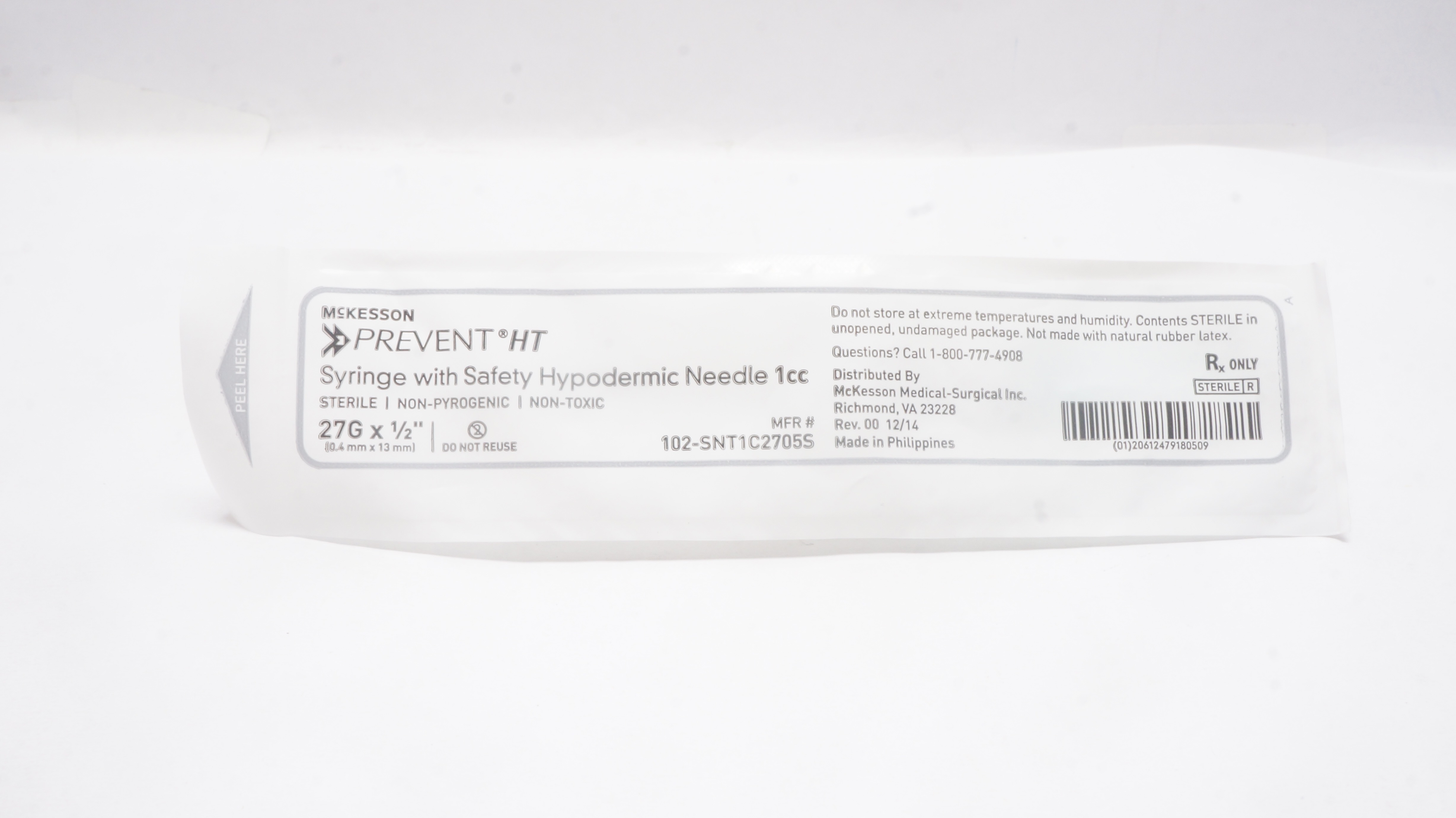 McKesson 102-SNT1C2705S Prevent HT Syringe W/Safety Ndle 1cc/mL 27G x 1/2