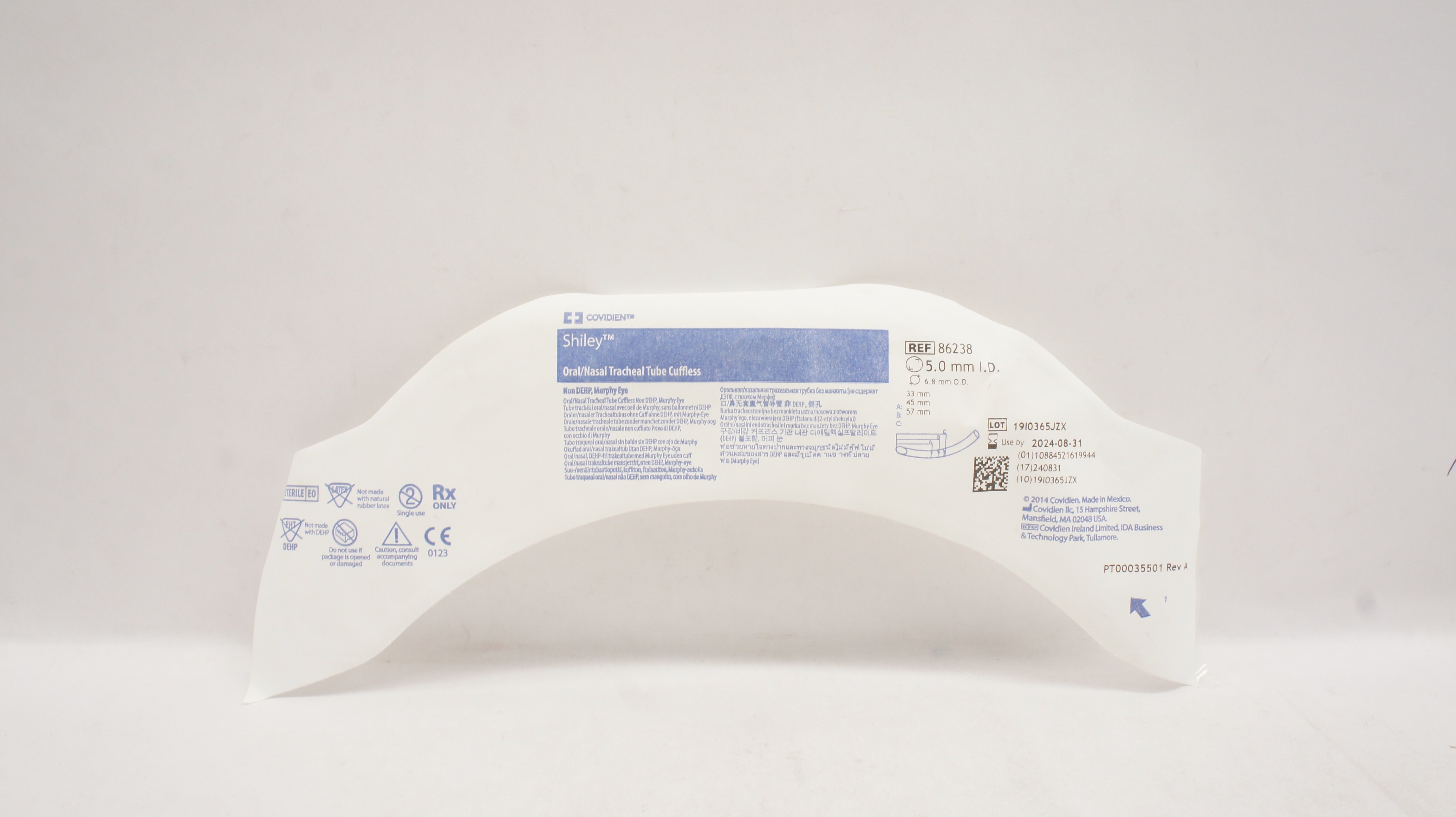 Covidien 86238 Shiley Oral/Nasal Tracheal Tube Cuffless 5.0mm ID x 6.8mm OD (x)