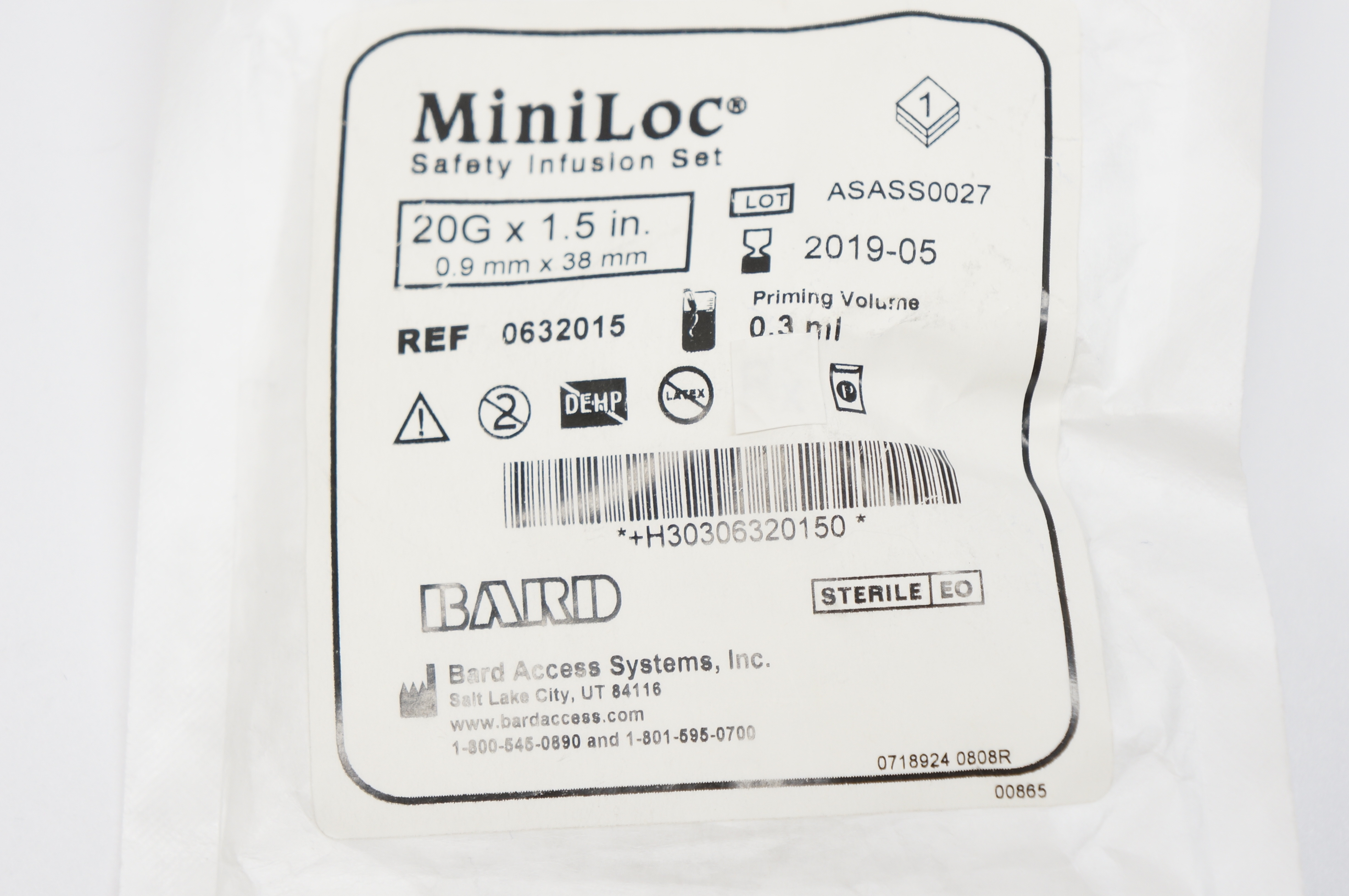 Bard 0632015 MiniLoc Safety Infusion Set 20G x 1.5inch 0.3ml (x)