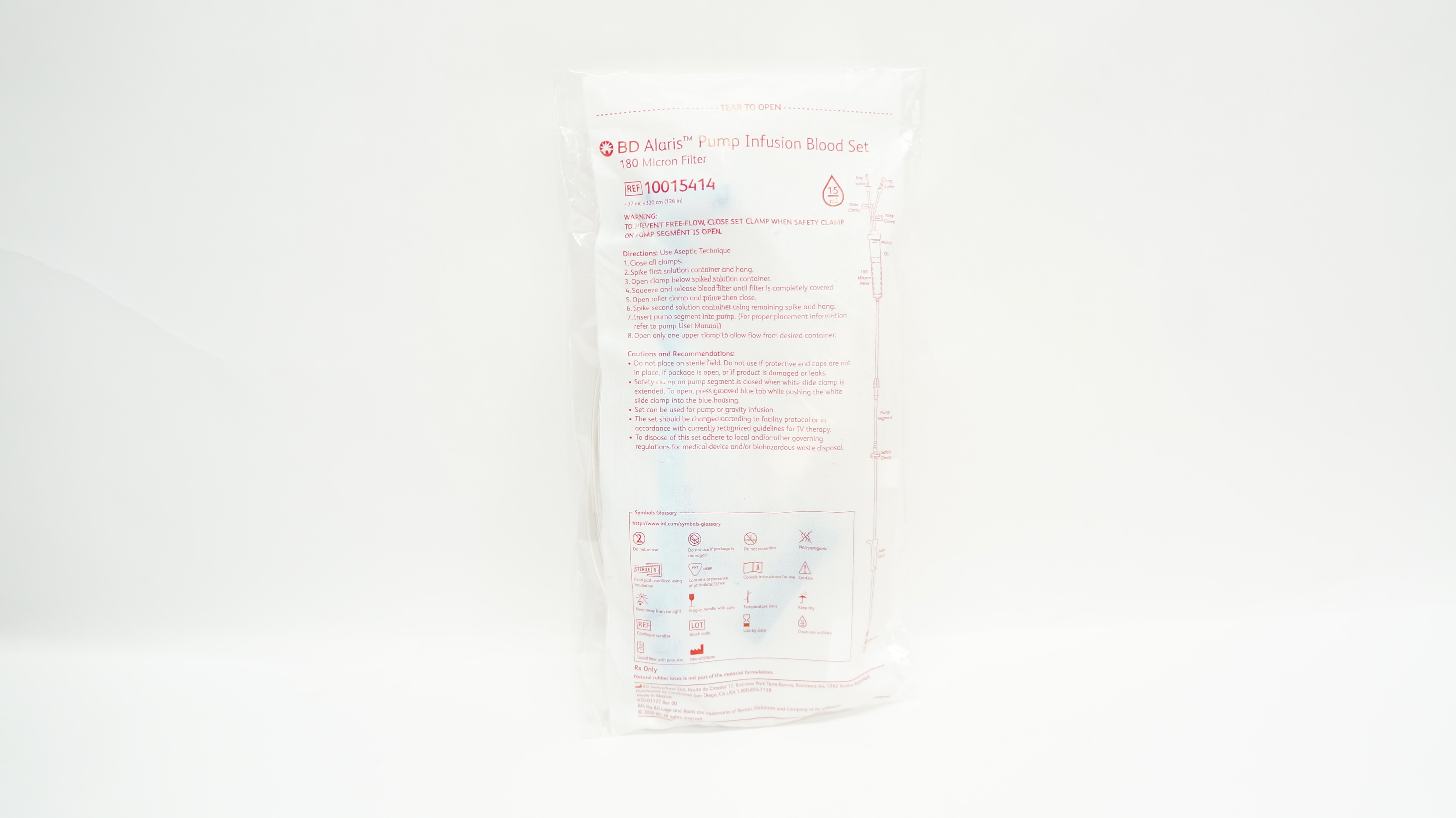 BD 10015414 Alaris Pump Infusion Blood Set 180 Micron Filter 37ml x 126inch 15mL