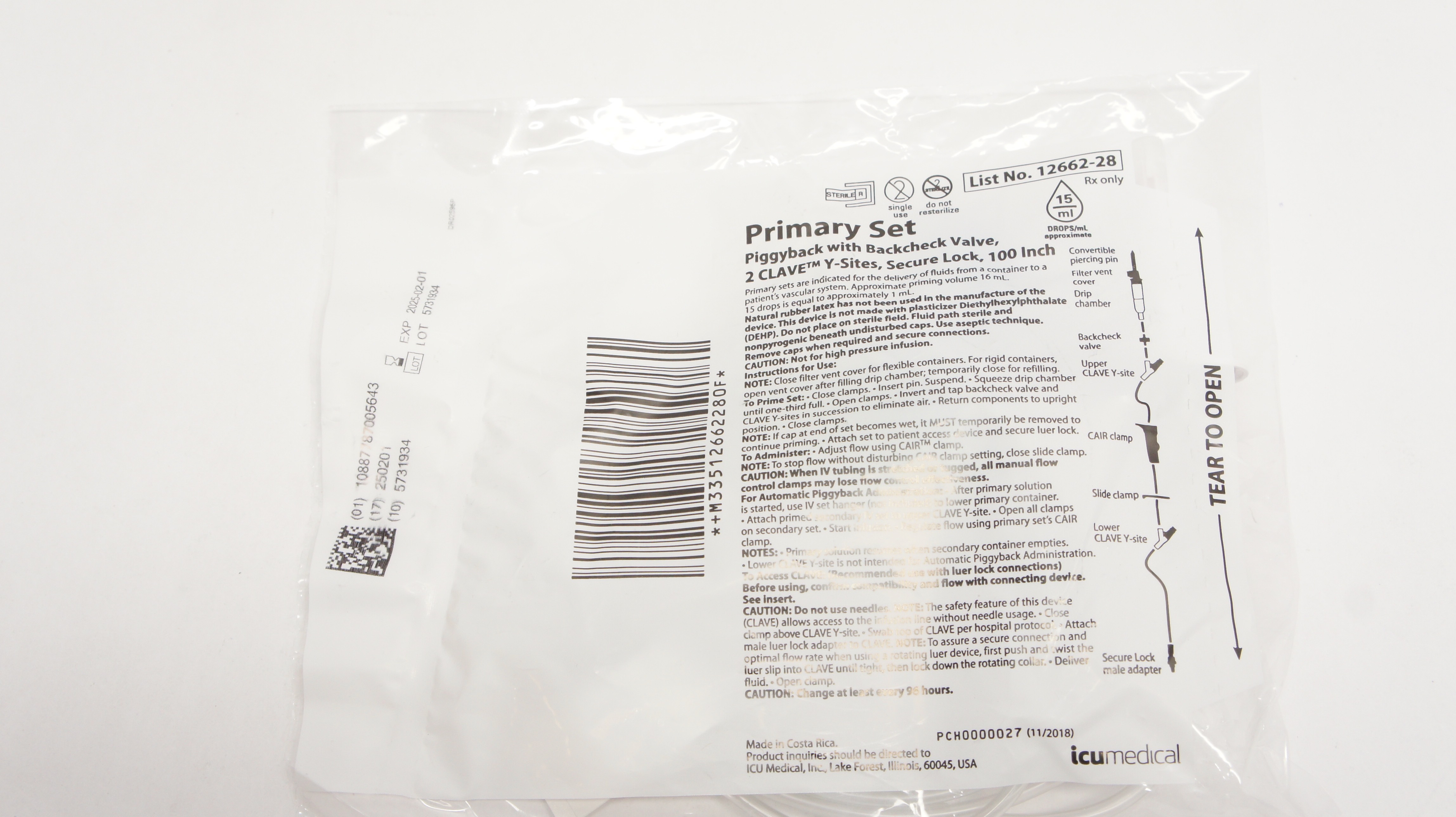 IcuMedical 12662-28 Primary Set Piggyback 2 Clave Y-Sites Secure Lock, 100 Inch