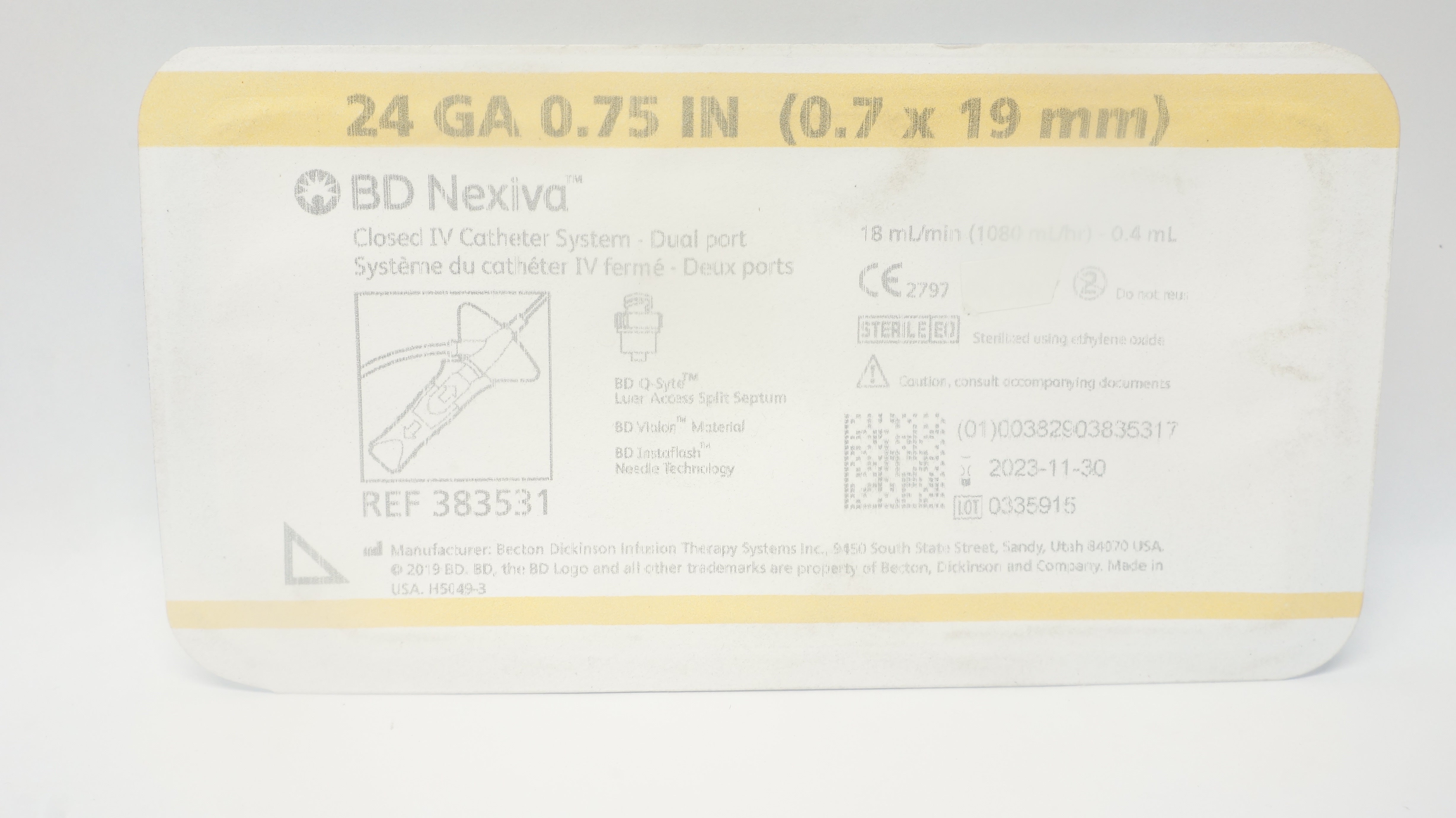 BD 383531 Nexiva Closed IV Cath. System Dual Port 24Ga x 0.75inch 0.4ml (x)