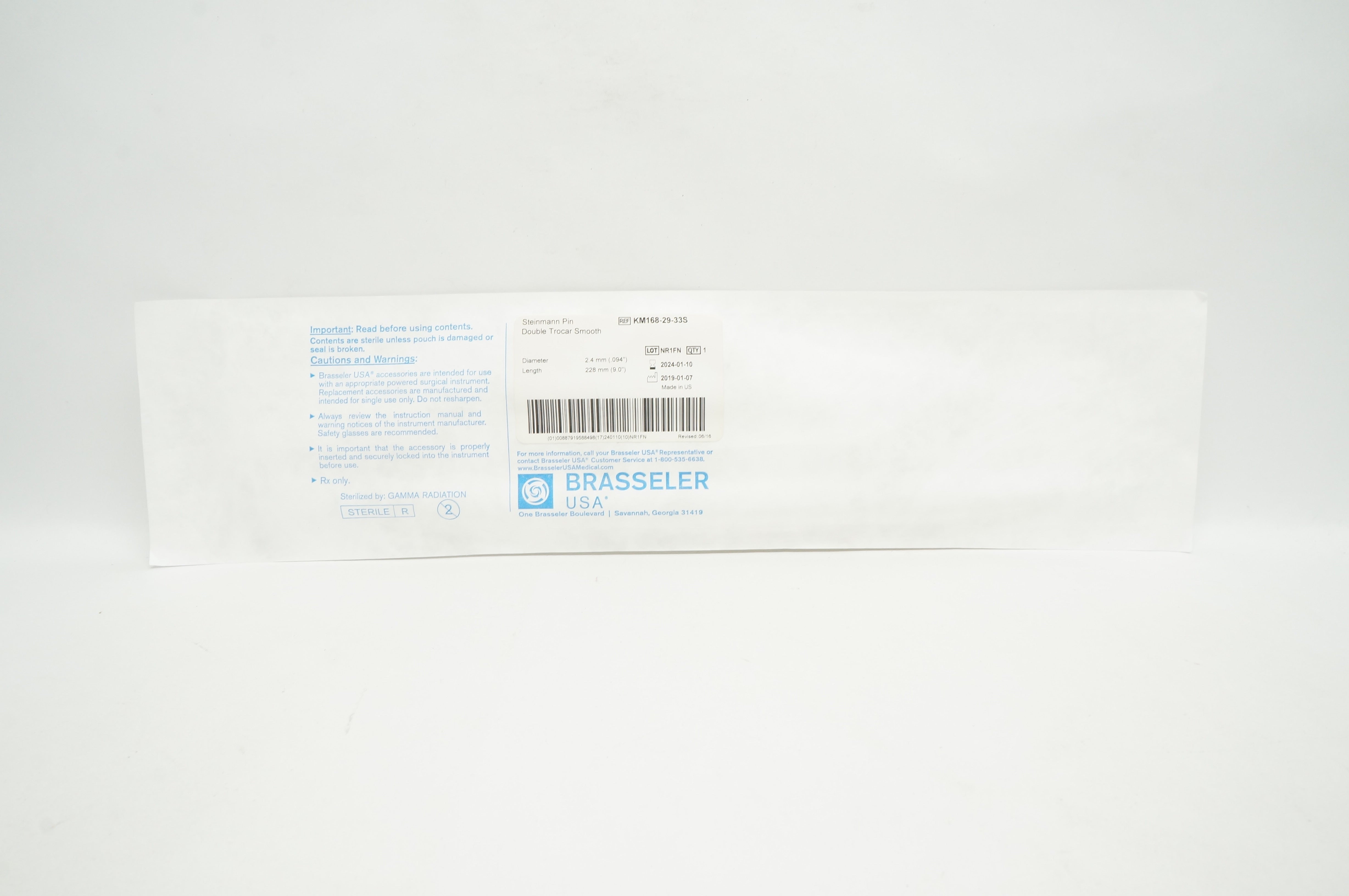 Brasseler KM168-29-33S Steinmann Pin Double Trocar Smooth 0.094in. x 9.0in.