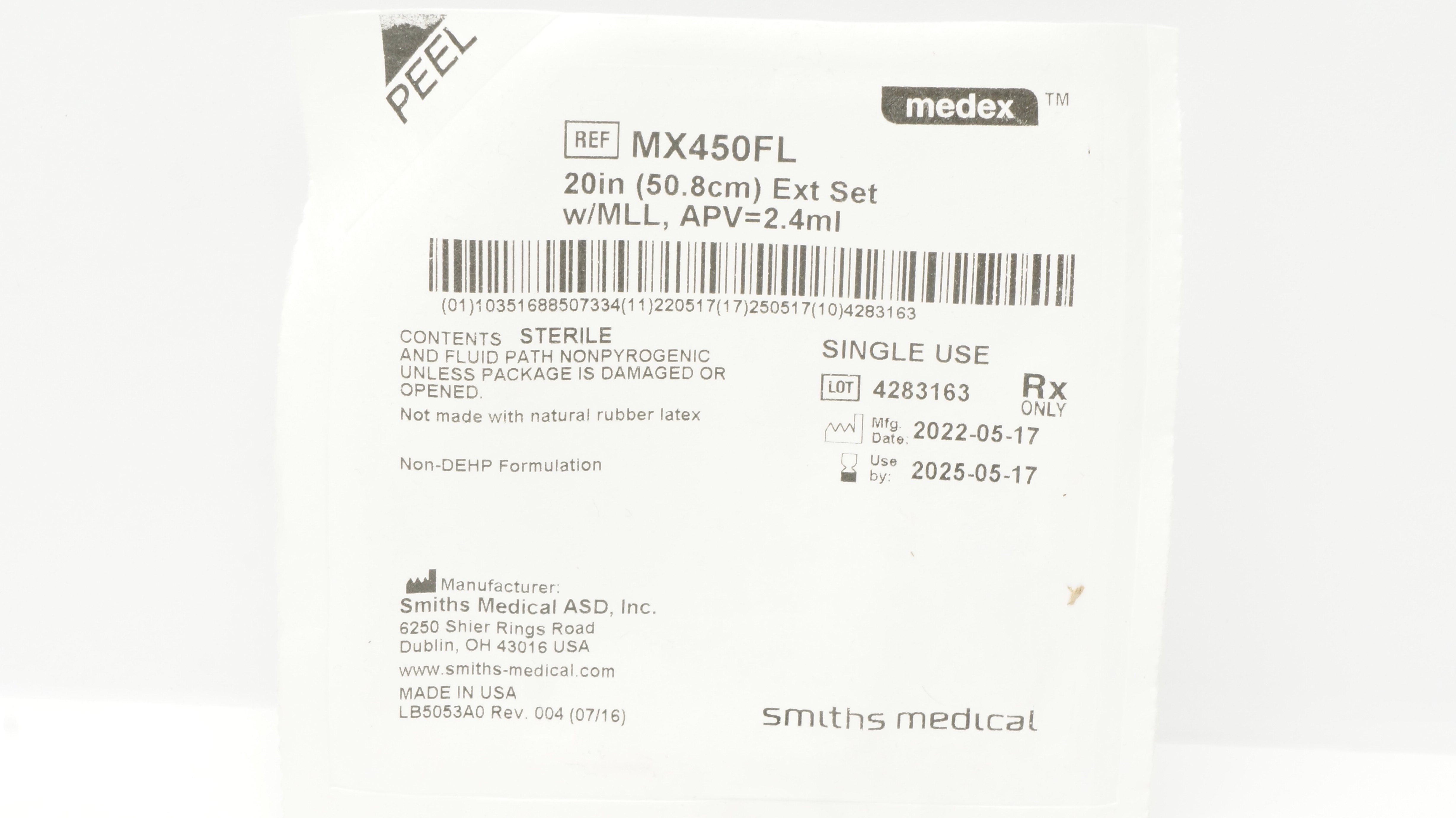 Smiths Medical MX450FL Medex 20inch Extension Set w/MLL, APV 2.4mL