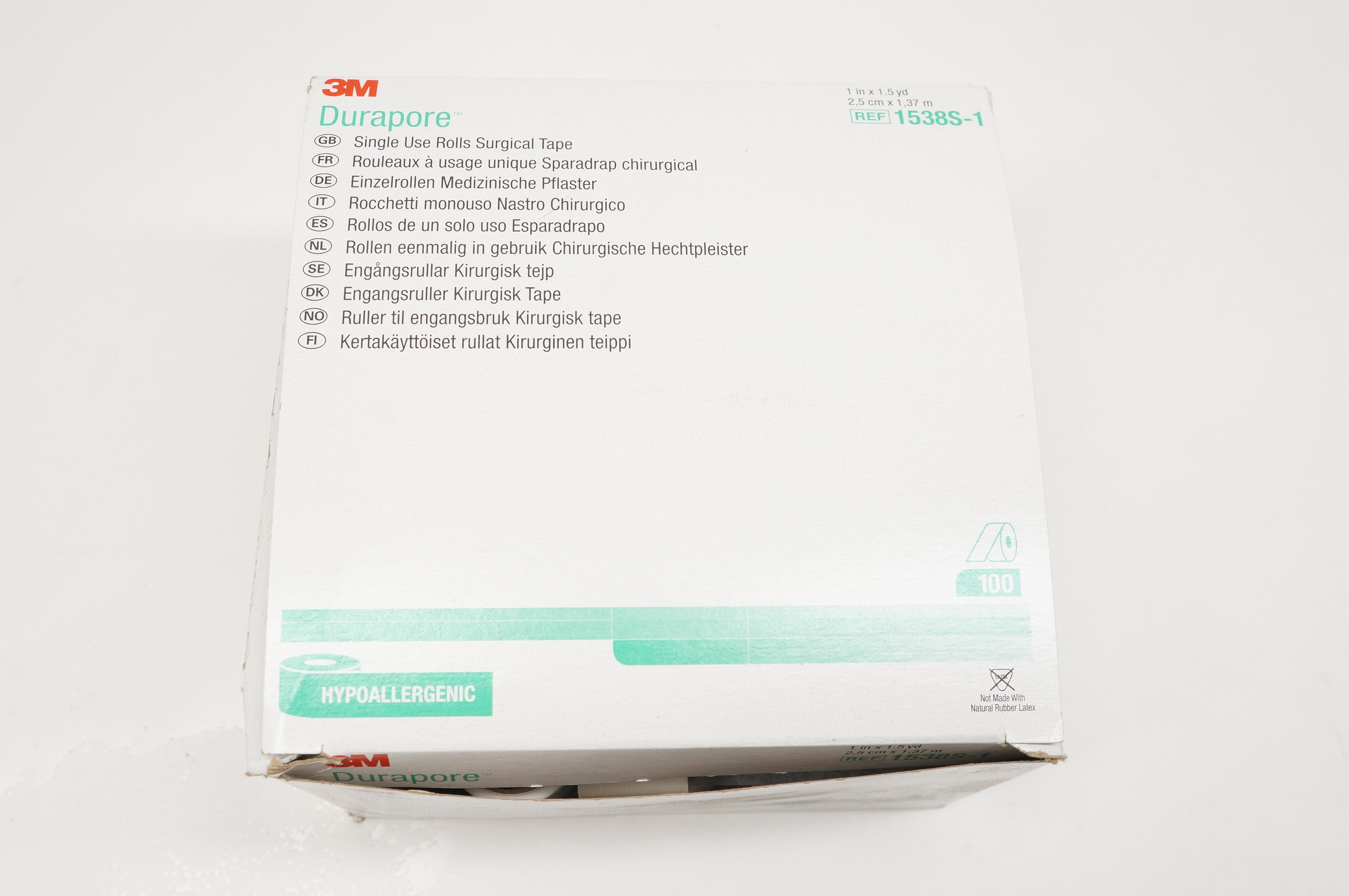 3M 1538S-1 Durapore Single Use Rolls Surgical Tape 1inch x 1.5yd. - Box of 100