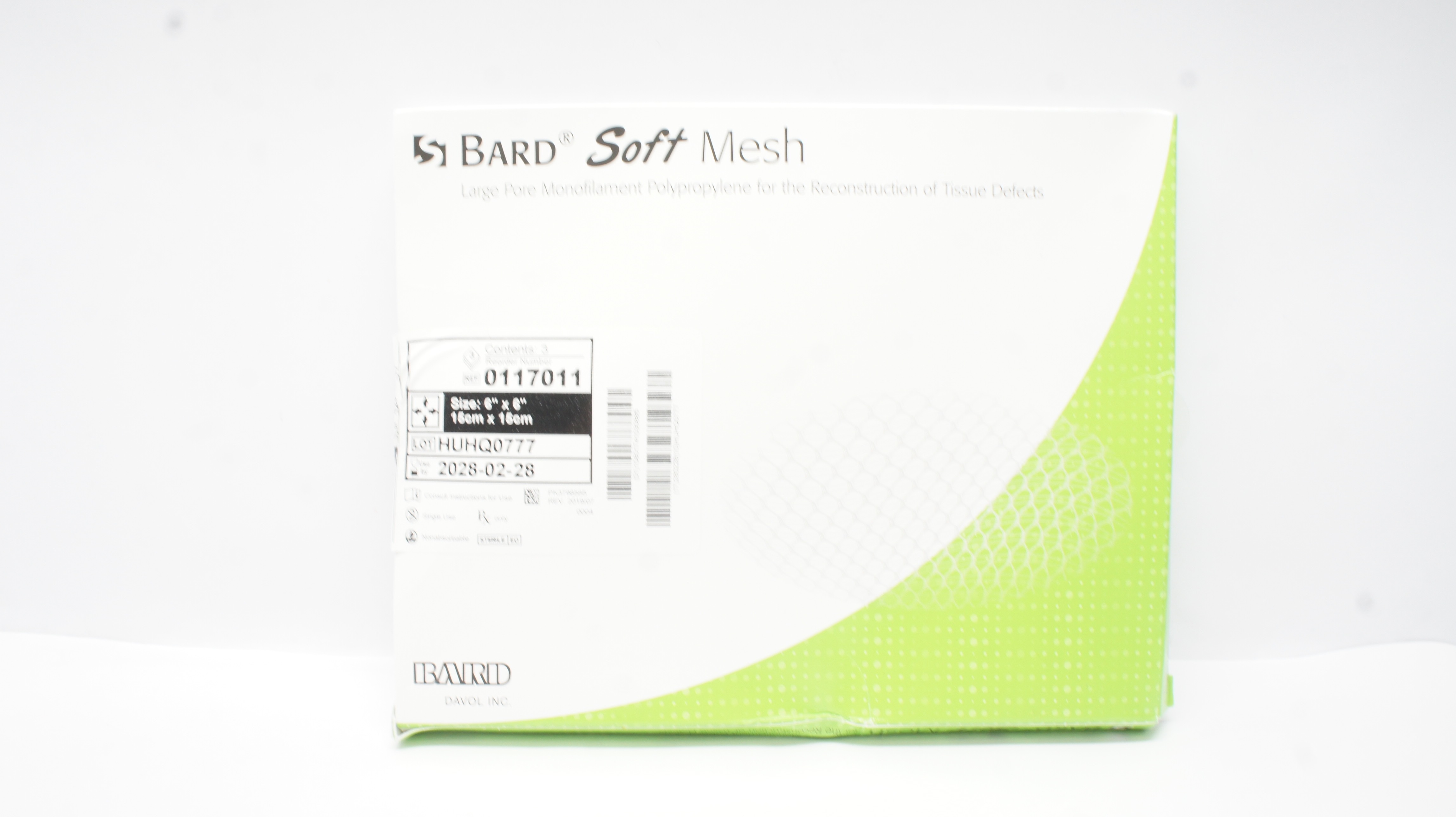 Bard 0117011 Soft Mesh Large Pore Monofilament Polypropylene 6x6inch - Box of 3