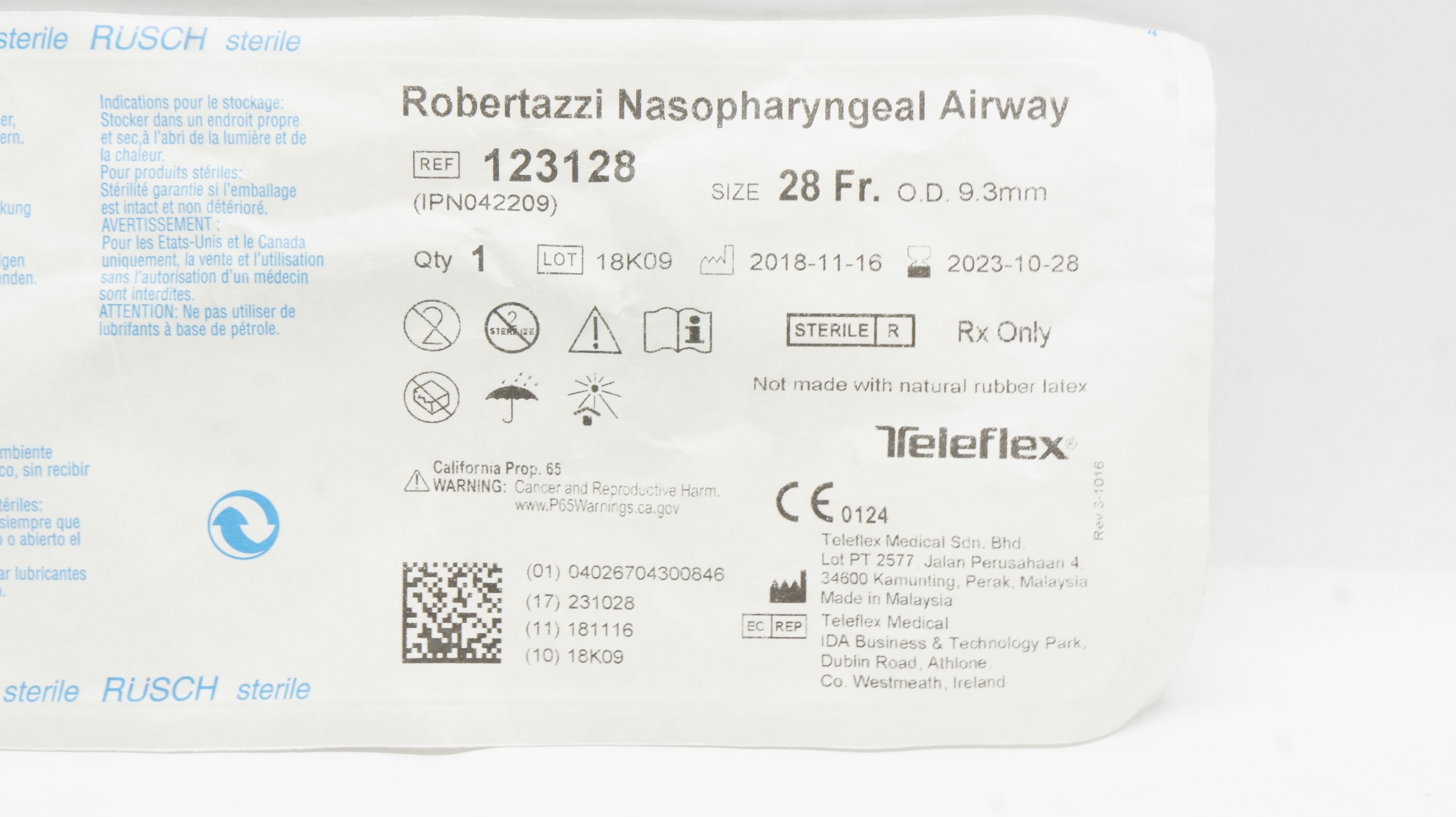 Teleflex 123128 Rusch Robertazzi Nasopharyngeal Airway 28Fr x 9.3mm O.D. (x)