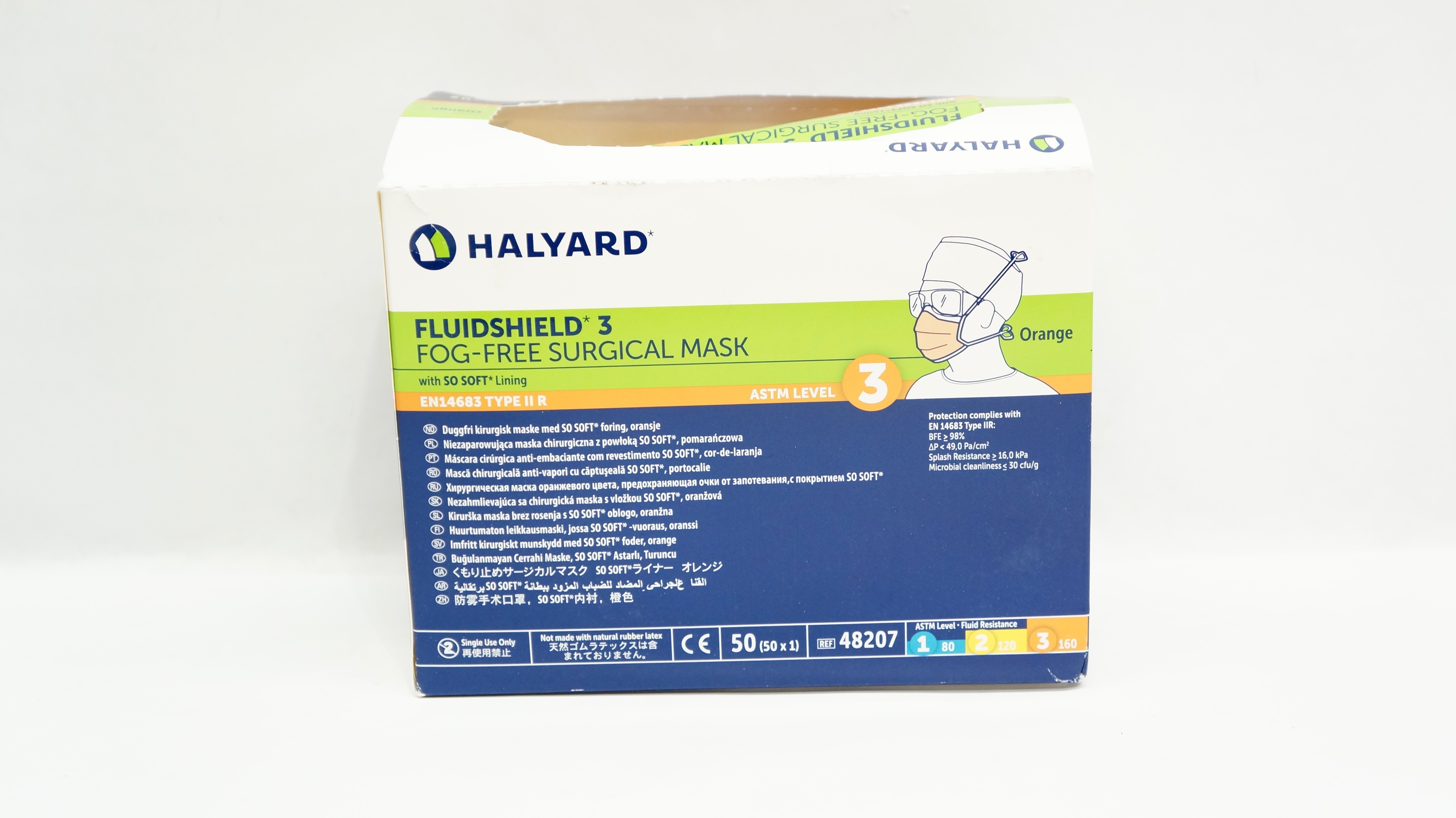Halyard 48207 Fluishield 3 Fog-Free Surgical Mask, Orange - Box of 50