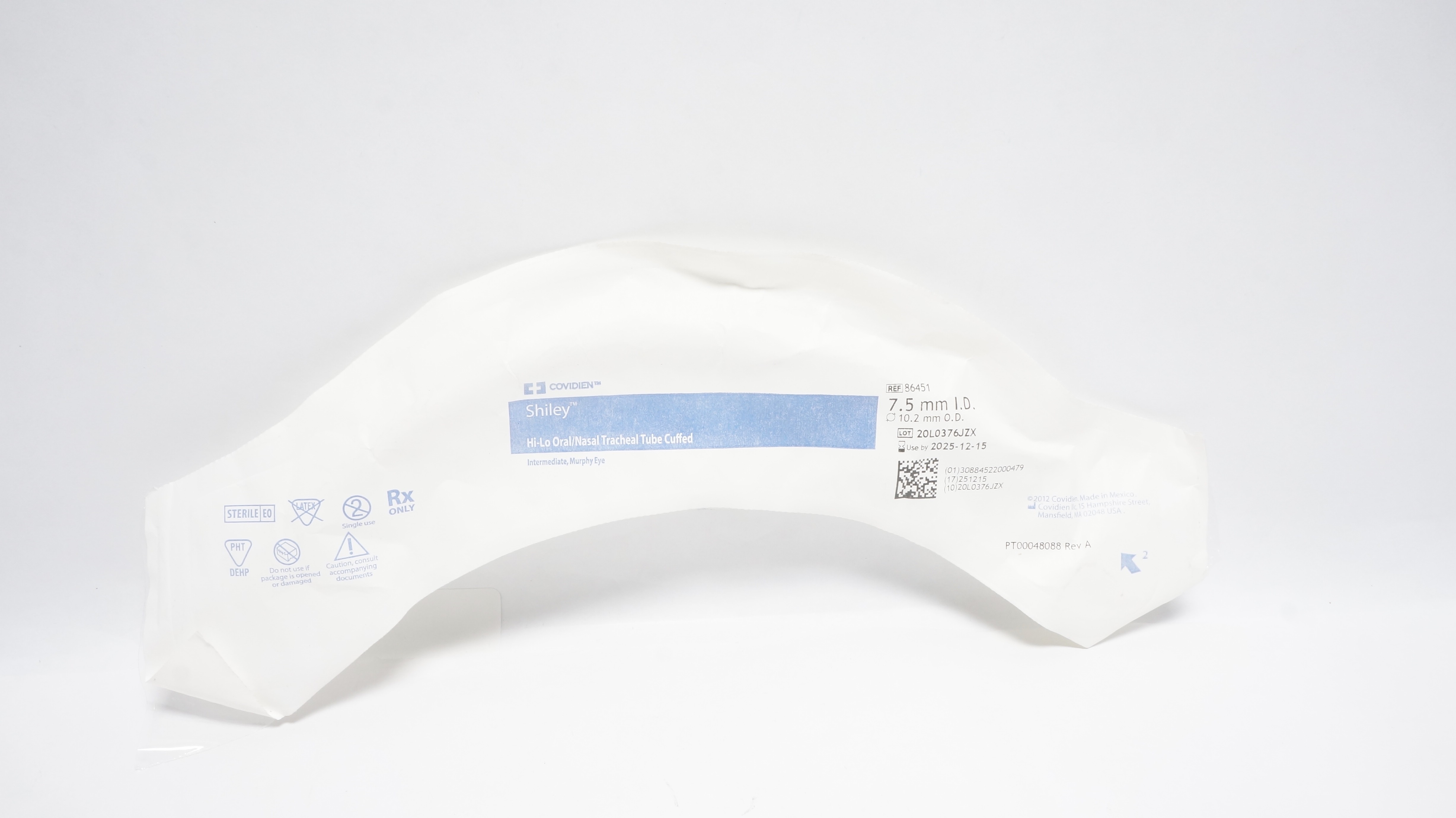 Covidien 86451 Shiley Hi-Lo Oral/Nazal Tracheal Tube Cuffed 7.5mm ID x 10.2mm(x)