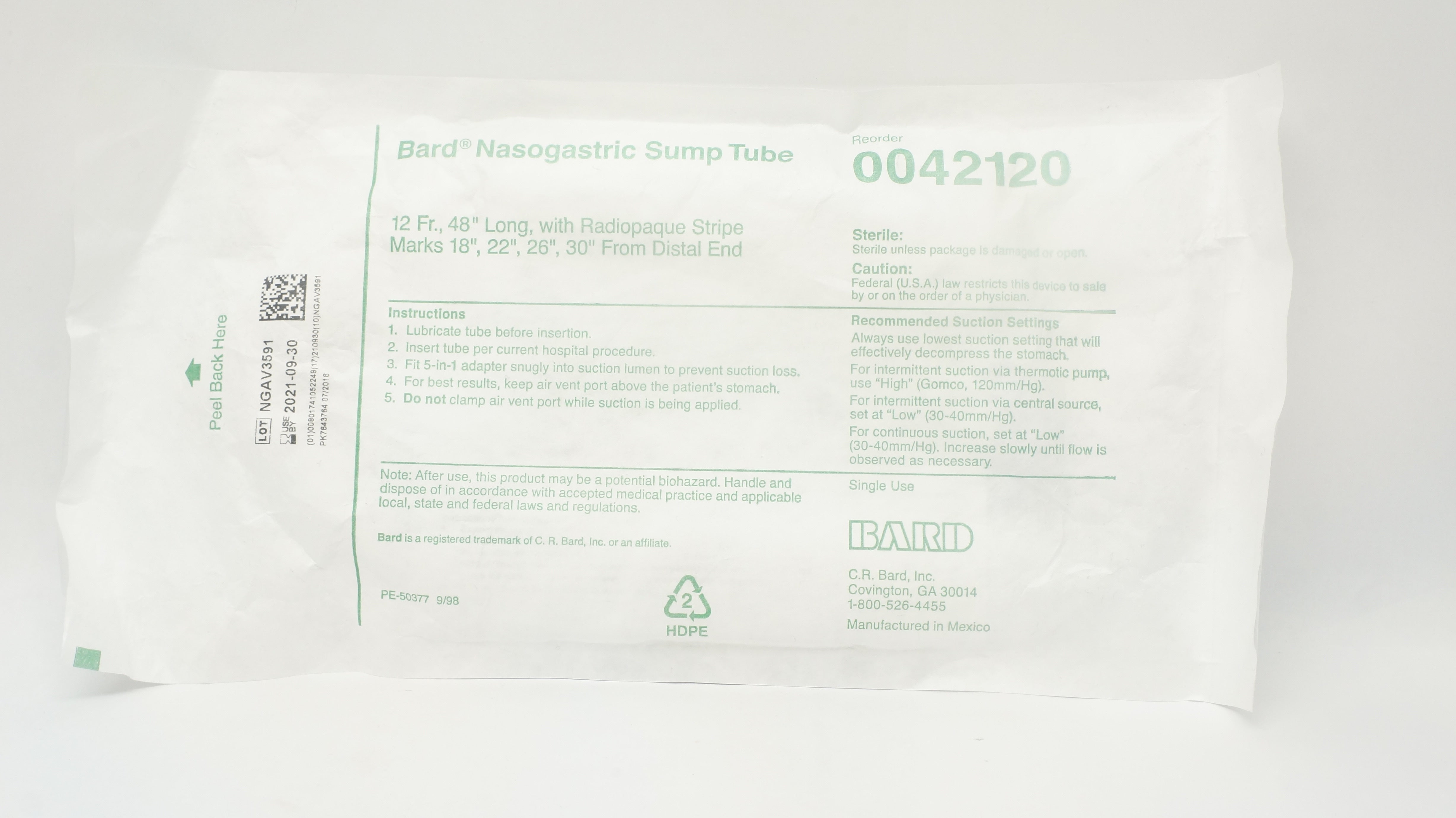 Bard 0042120 Nasogastric Sump Tube 12Fr. x 48inch (x)