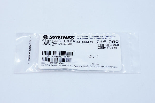 Synthes 216.050 6.5mm Cancellous Bone Screw 16mm Thread/50mm