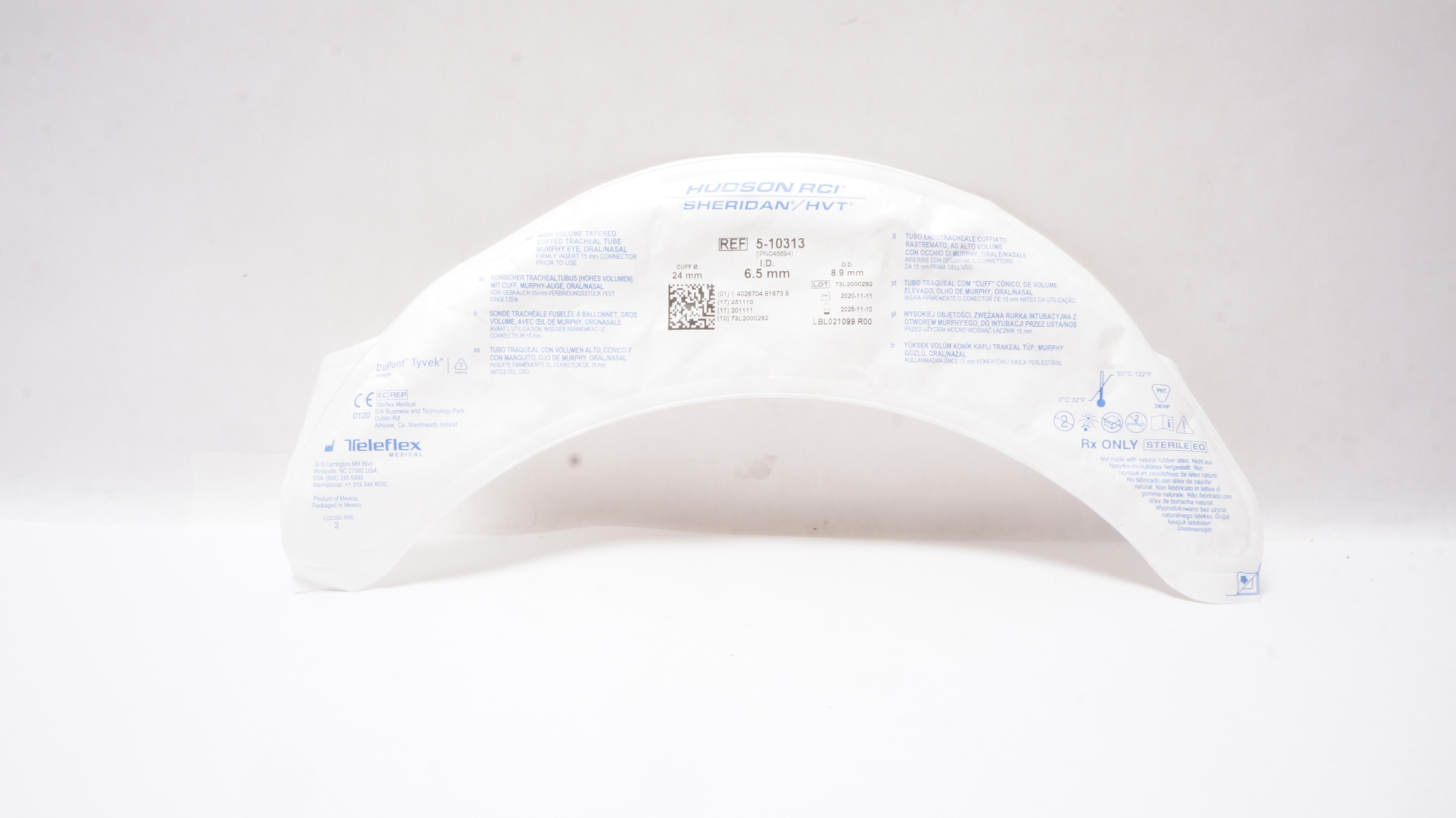 Teleflex 5-10313 Hudson RCI Sheridan HVT Cuffed Tracheal Tube 6.5 x 8.9 x 24mm