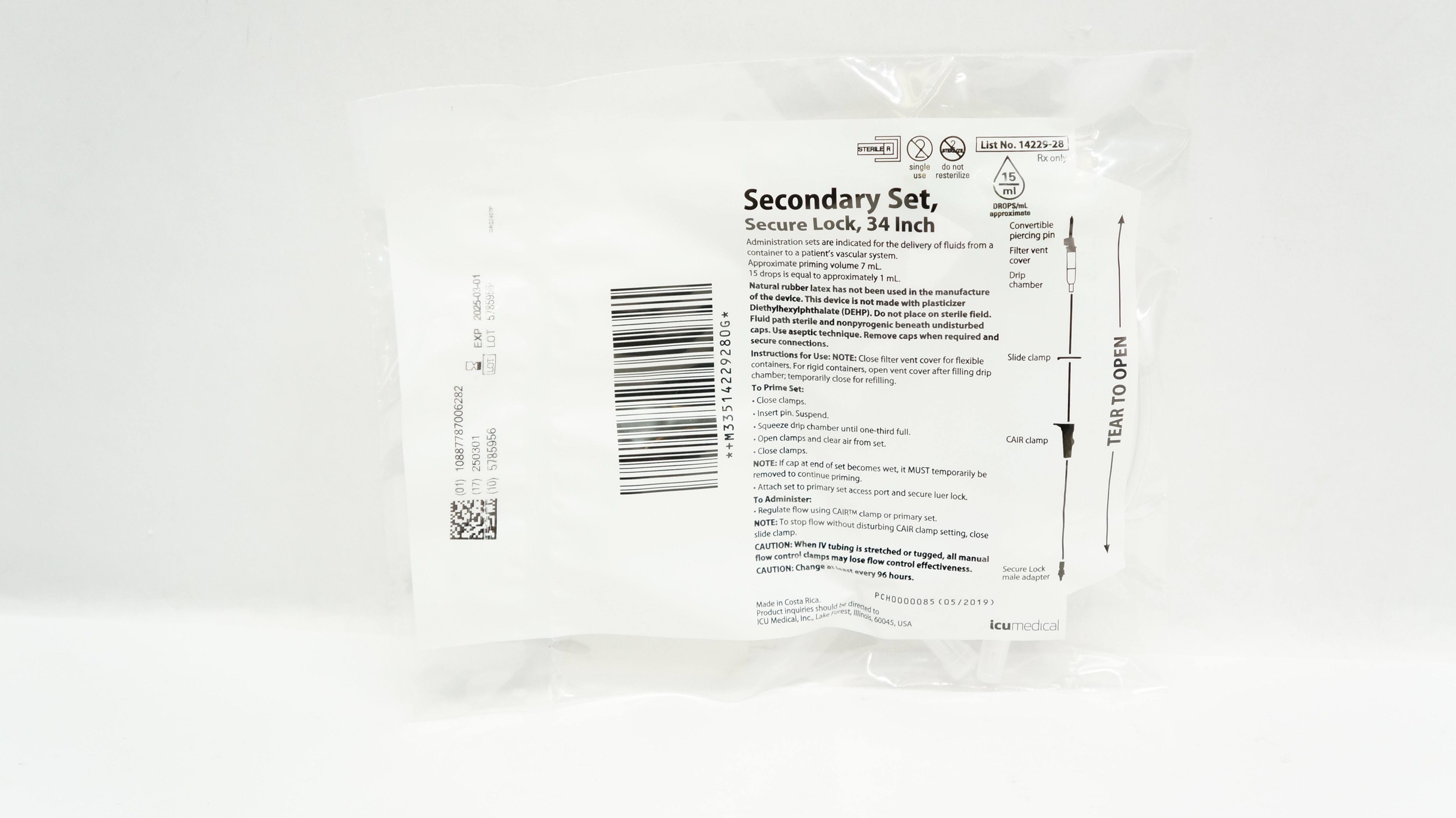 ICU Medical 14229-28 Secondary Set, Secure Lock 34inch x 15 Drops/mL