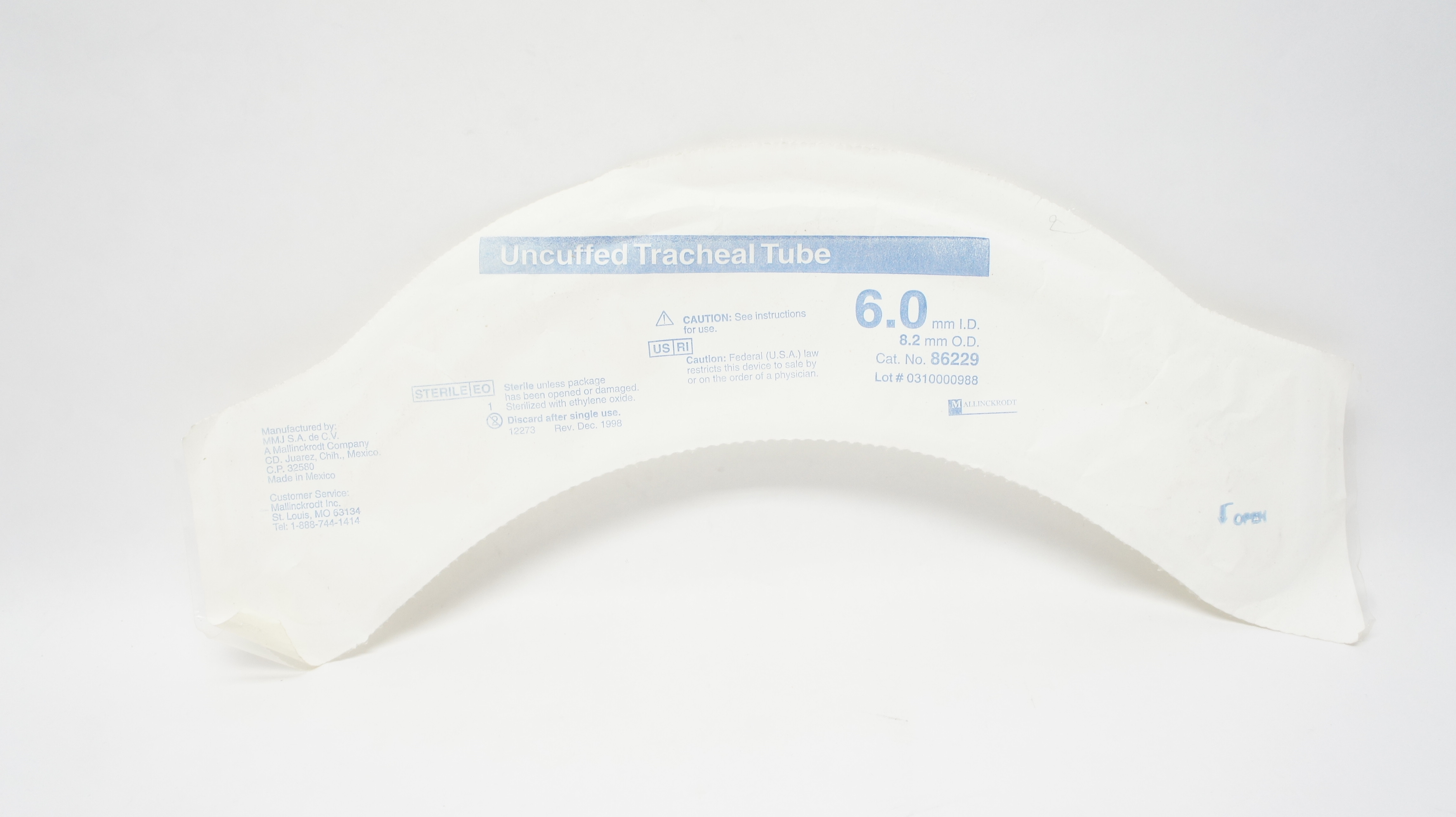 Mallinckrodt 86229 Uncuffed Tracheal Tube 6.0mm ID, 8.2mm OD