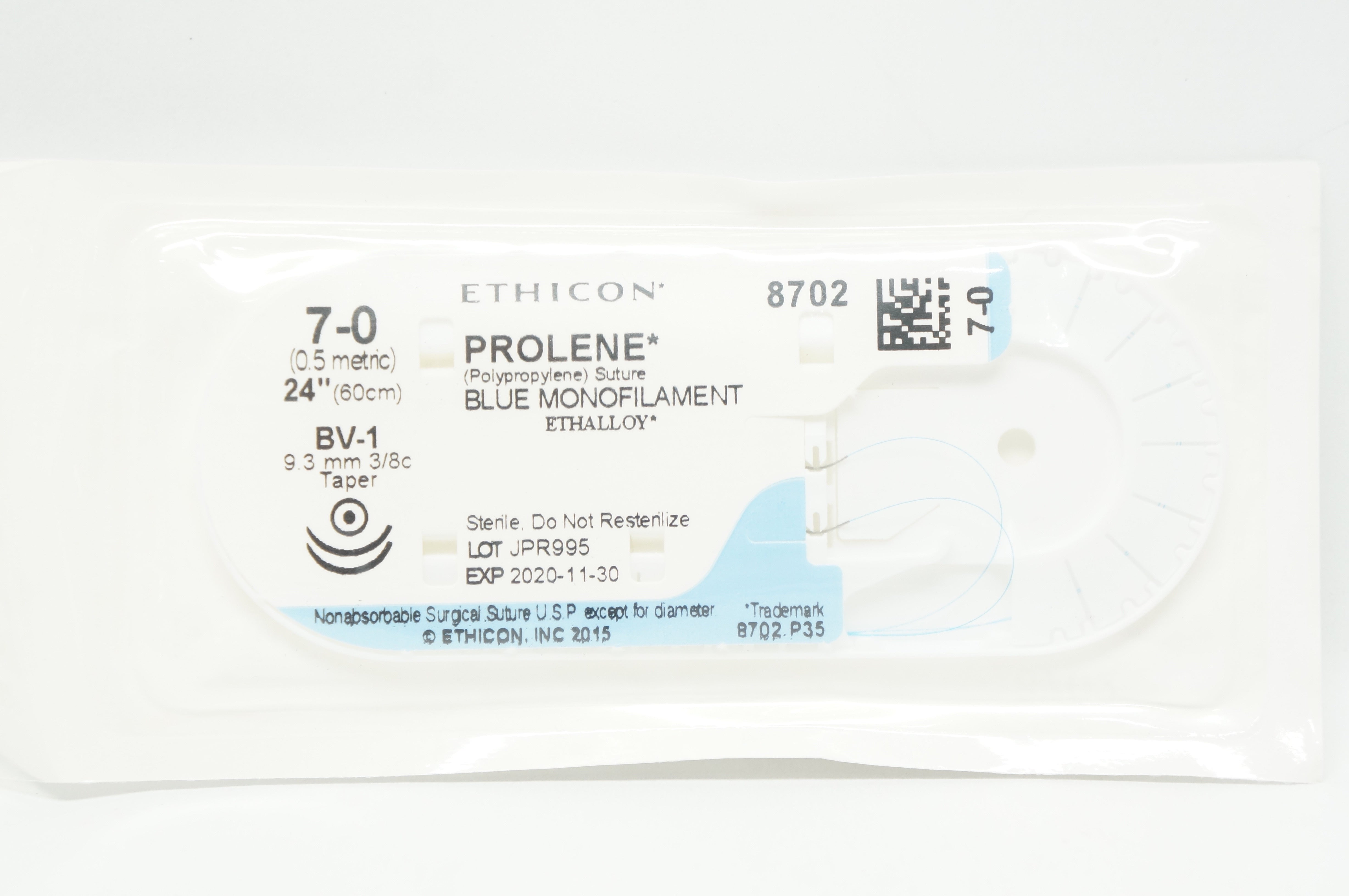 Ethicon 8702 7-0 PROLENE Polypropylene Stre BV-1 9.3mm 3/8c Taper 24 inch (x)