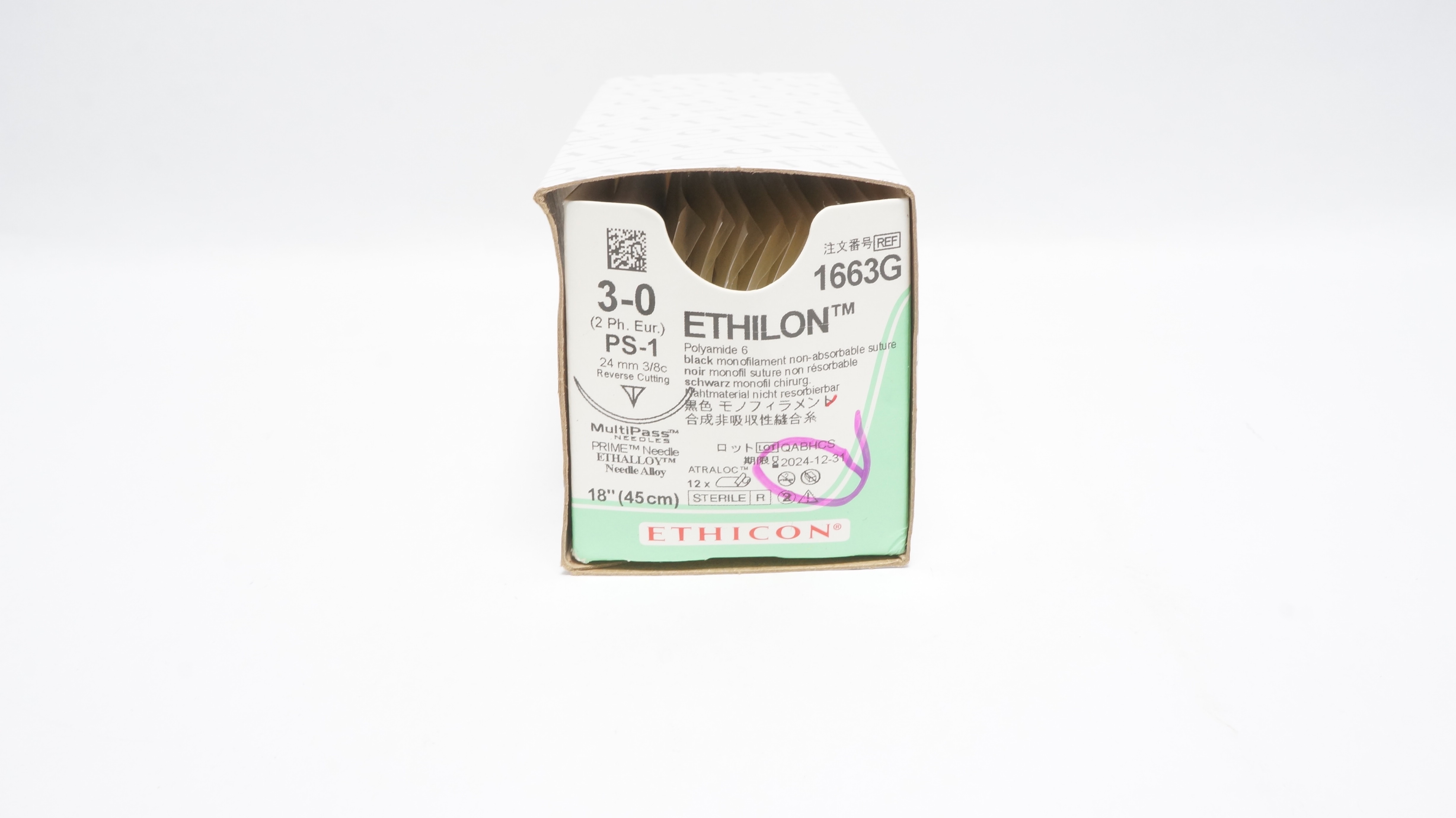 Ethicon 1663G 3-0 ETHILON BLACK 18inch Nylon Stre. PS-1 24mm Ndle.(x) -Box of 10