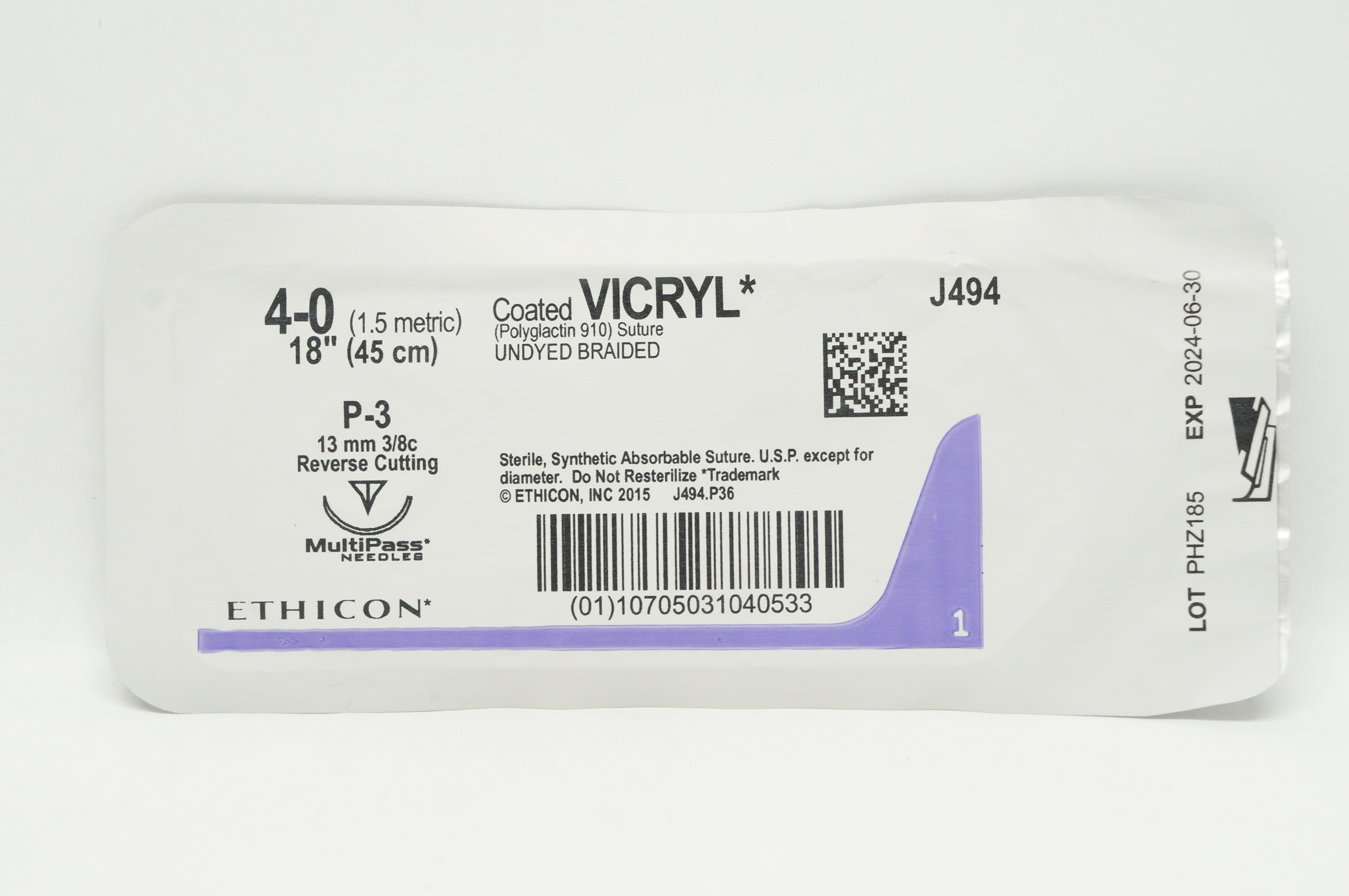 Ethicon J494 4-0 Coated VICRYL Stre P-3 13mm 3/8c Reverse Cutting, 18inch