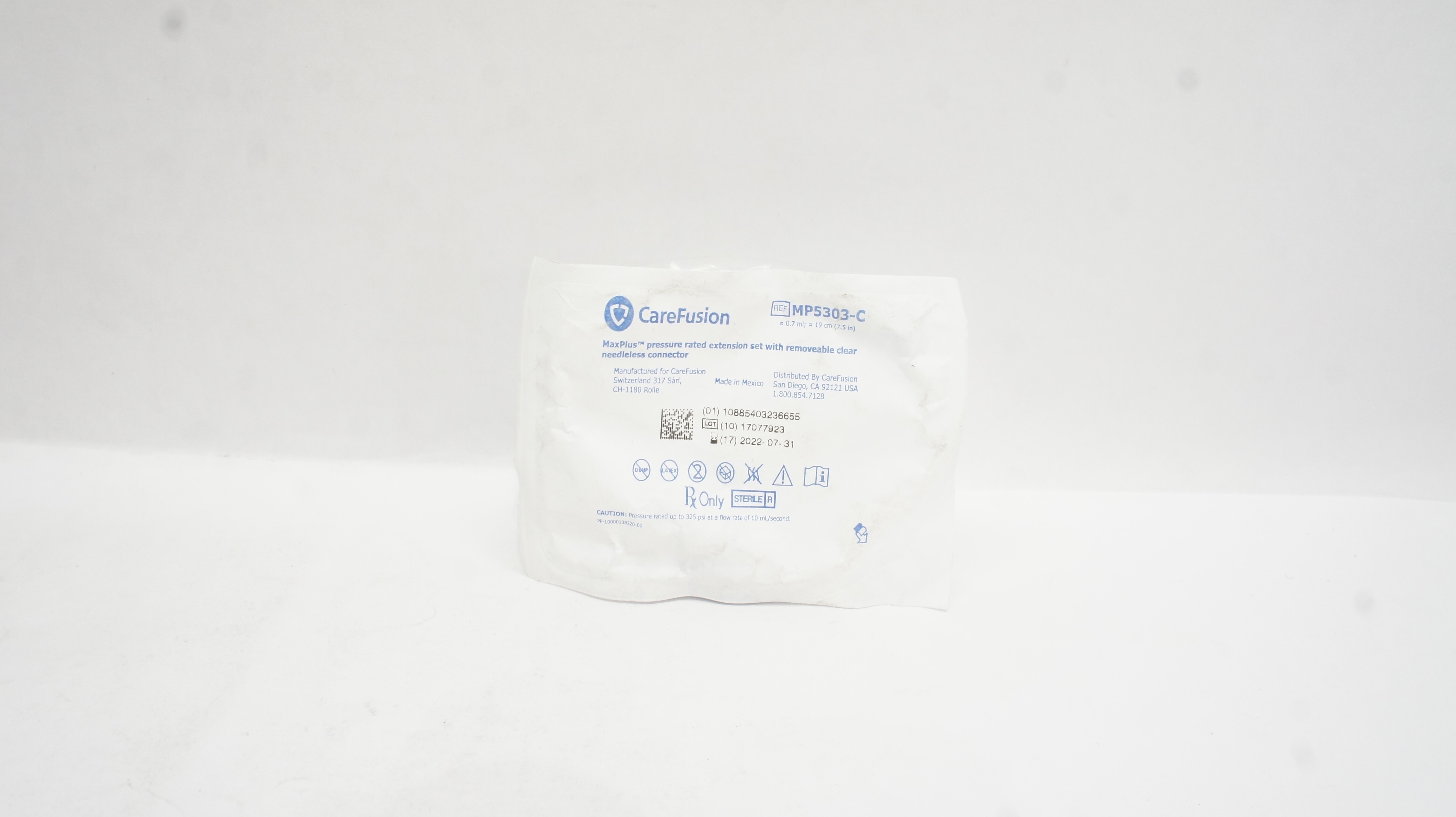 CareFusion MP5303-C MaxPlus Pressure Rated Extension Set W/Connector 0.7ml (x)