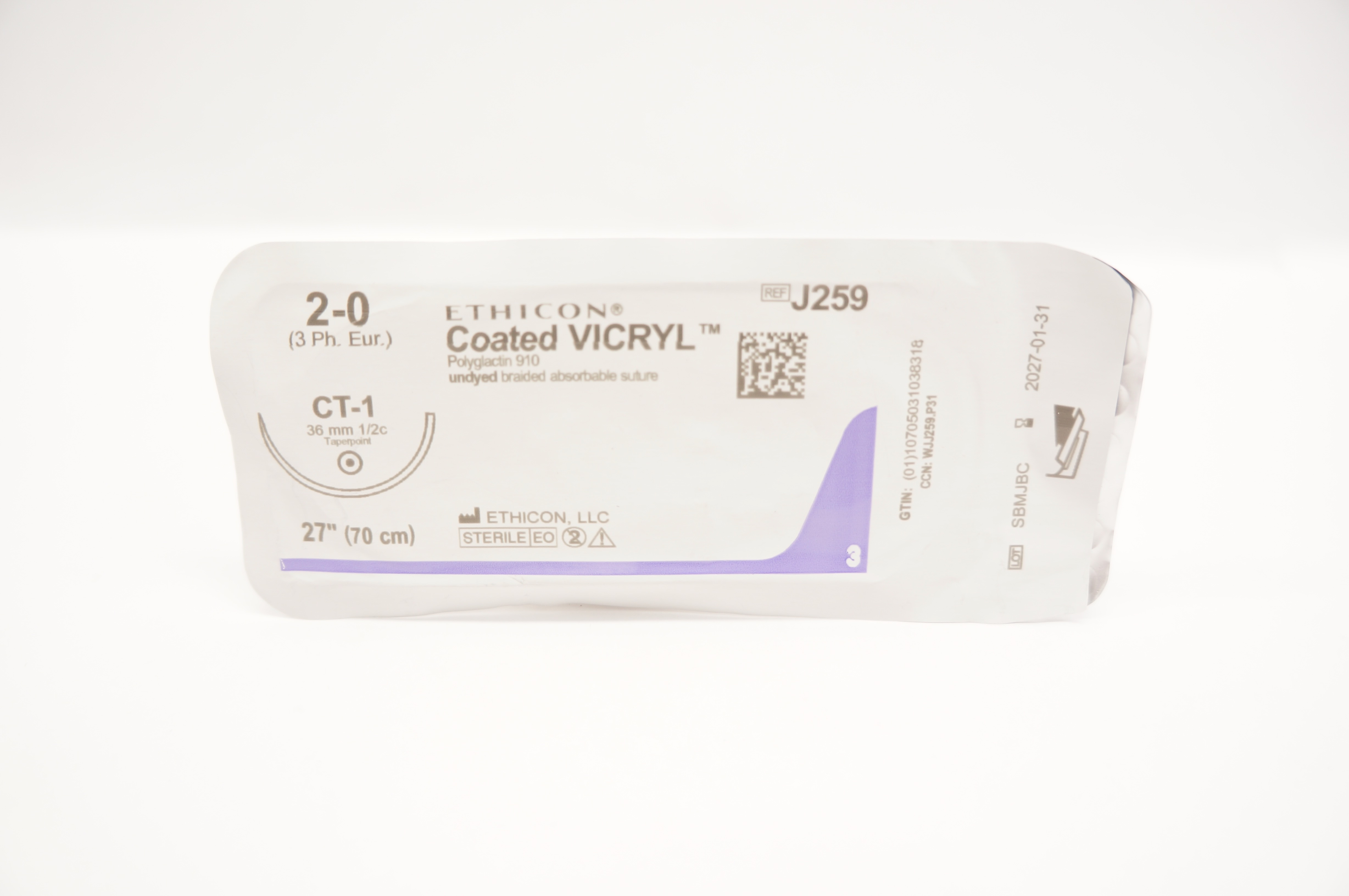 Ethicon J259 2-0 Coated VICRYL, CT-1, 36mm 1/2c Taper, 27inch