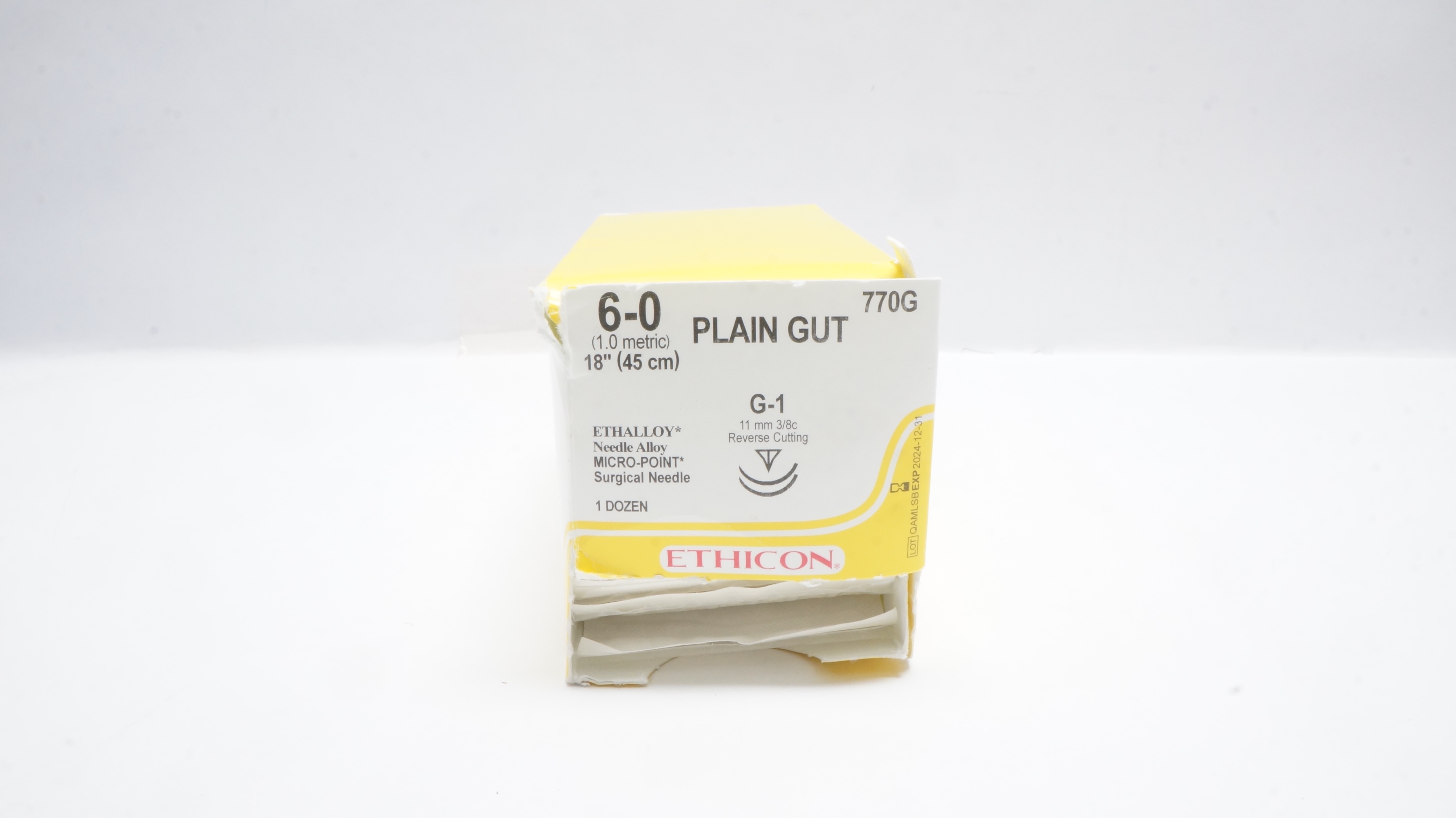 Ethicon 770G 6-0 Plain Gut G-1 11mm 3/8c Reverse Cutting 18inch (x) - Box of 10