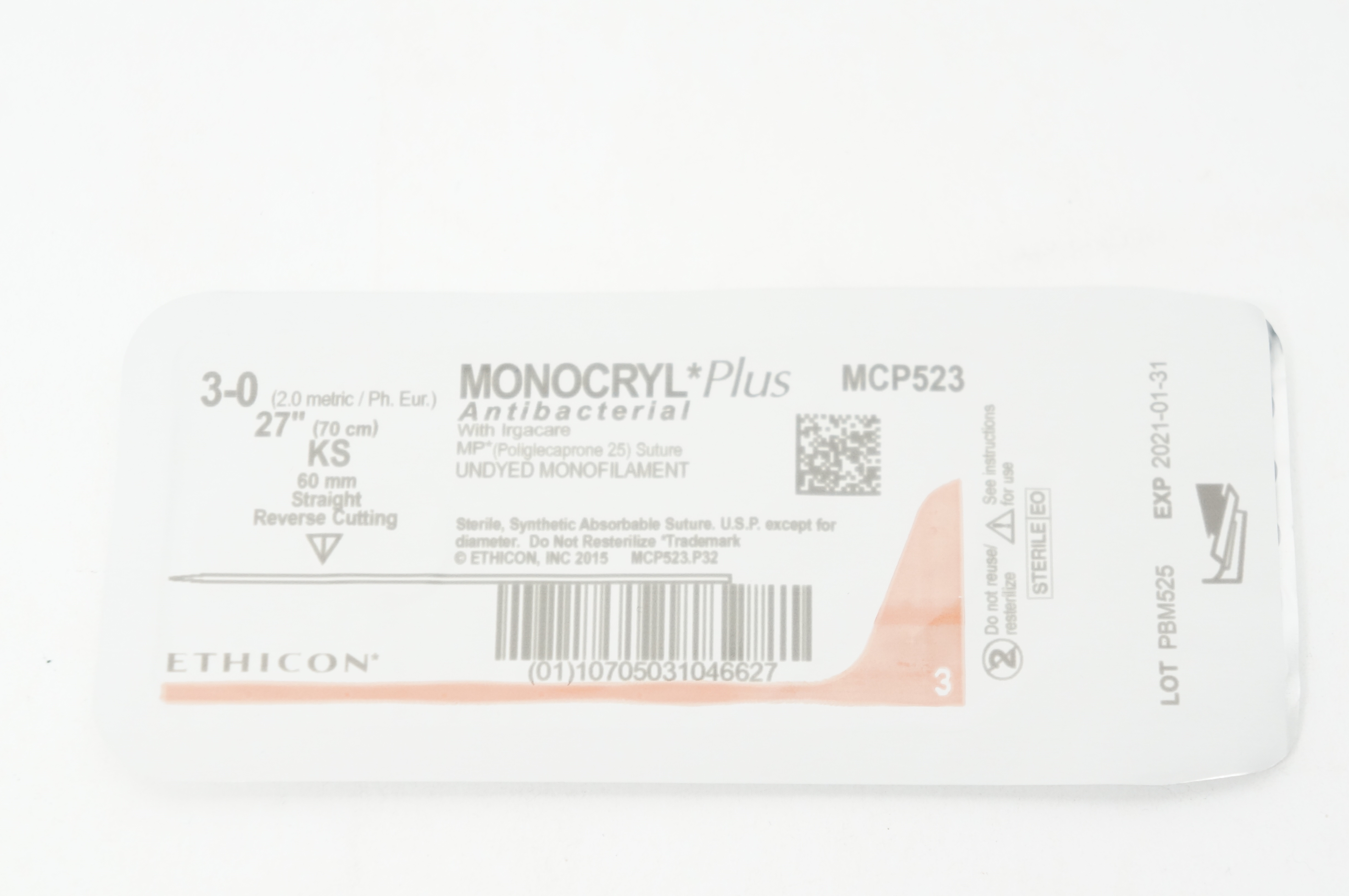 Ethicon MCP523 3-0 MONOCRYL Plus MP Stre Undyed Monofilament, KS 60mm 27in.(x)