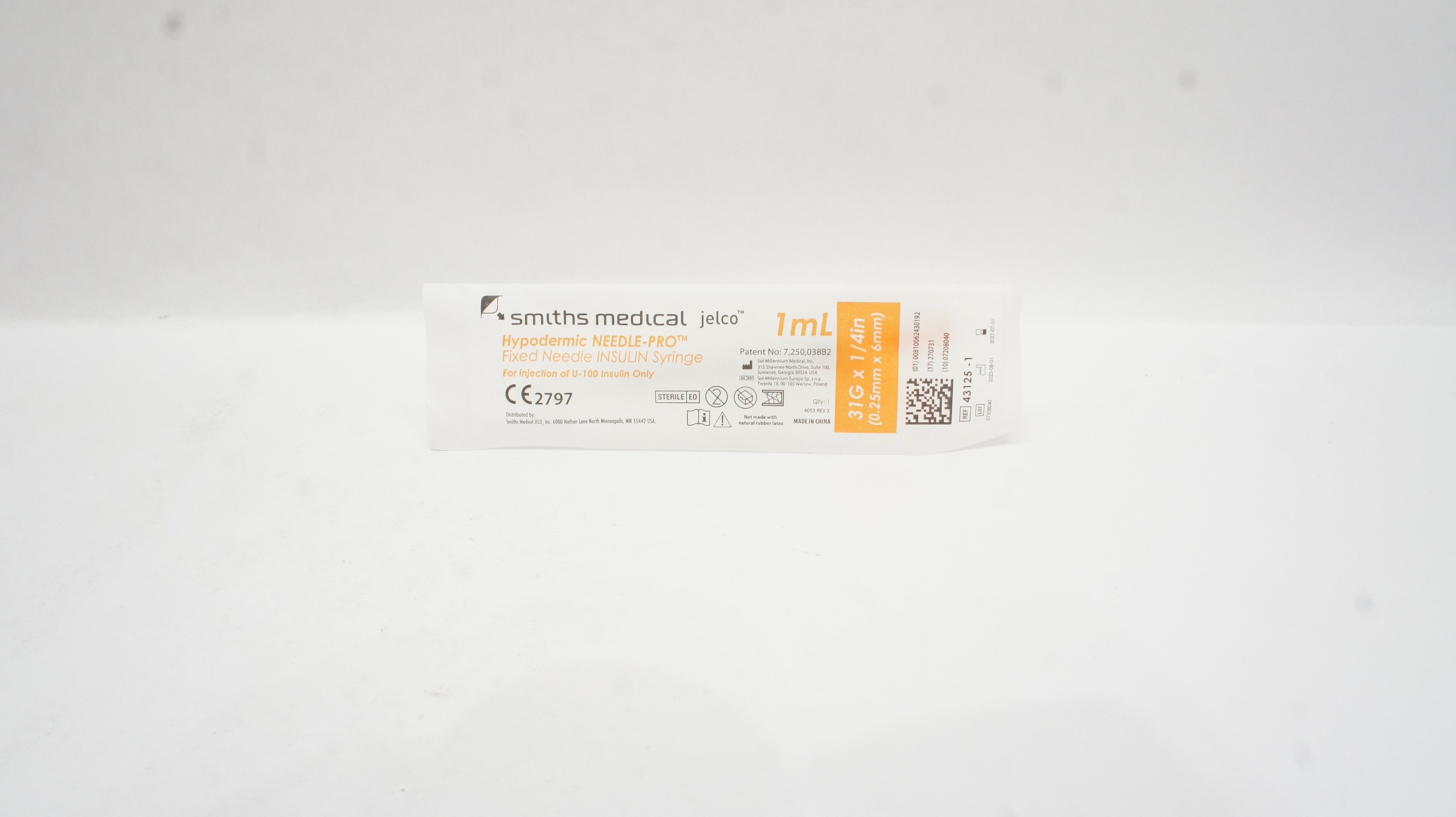 Smiths Medical 43125-1 Hypodermic Fixed Needle-Pro Insulin Syringe 1ml 31Gx1/4In