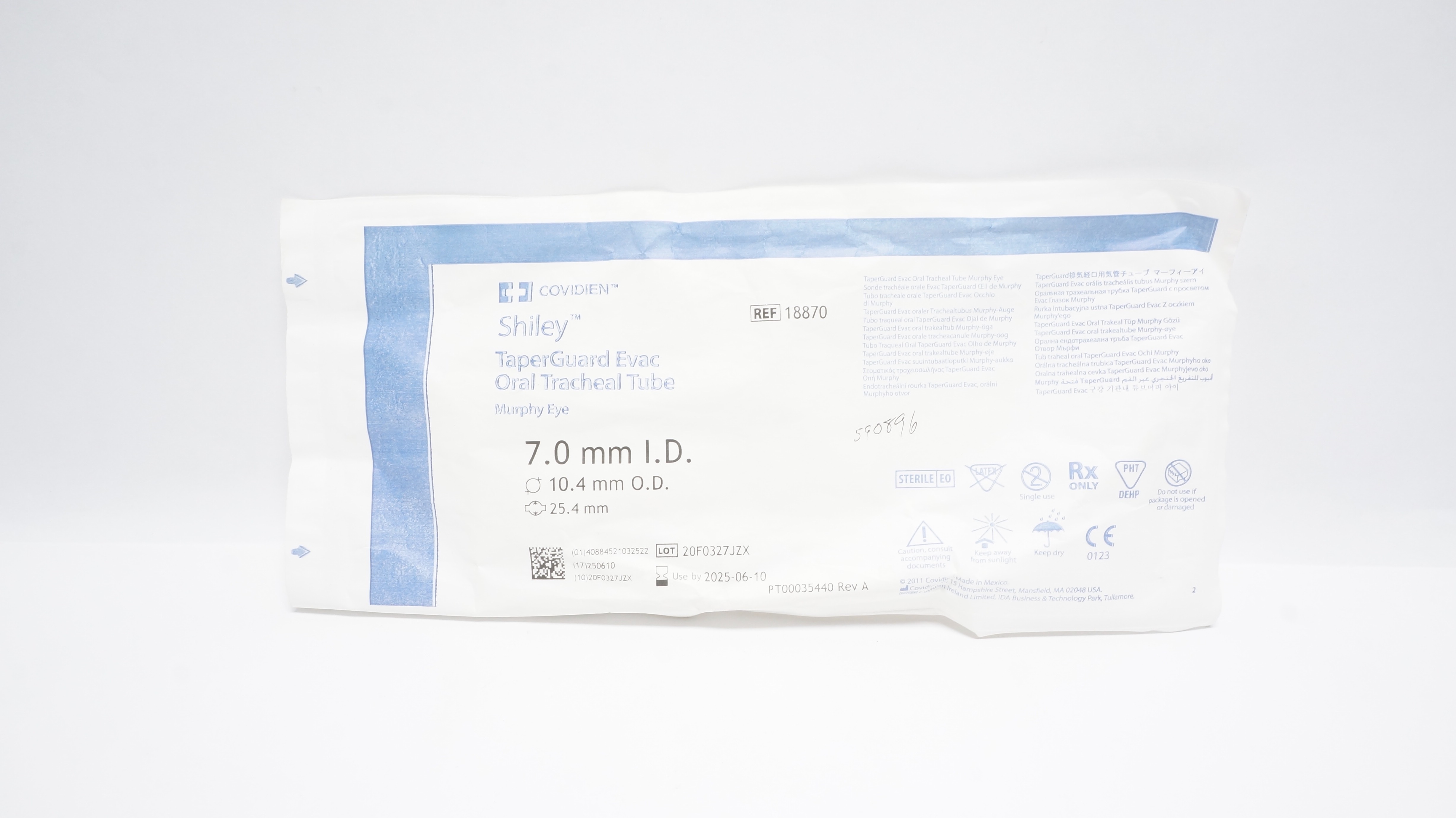 Covidien 18870 Shiley TaperGuard EVac Oral Tracheal Tube 7.0ID x10.4OD x25.4mm(x)