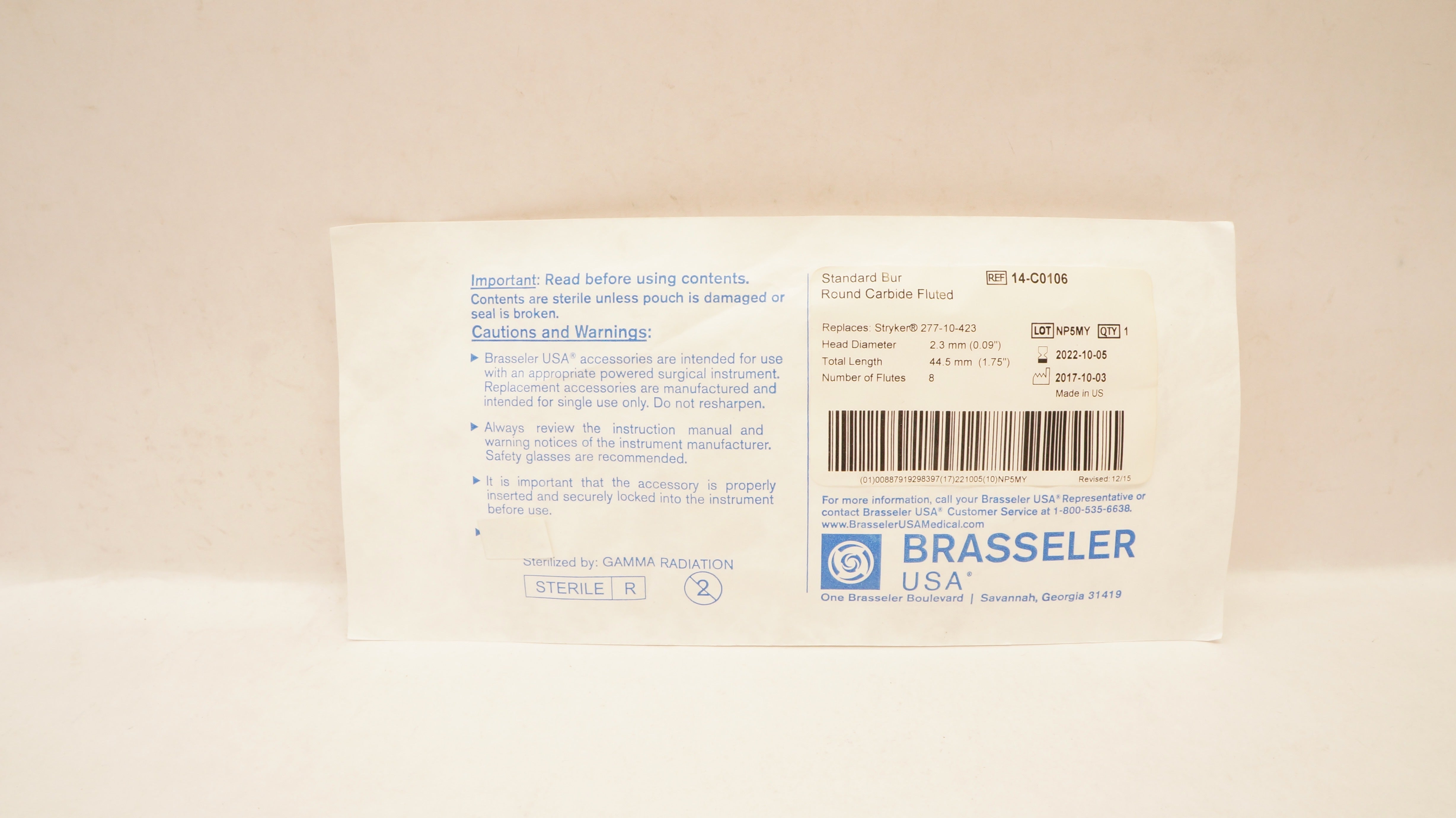Brasseler 14-C0106 Stryker Standard Bur Round Carbide Fluted 0.09In x 1.75In(x)