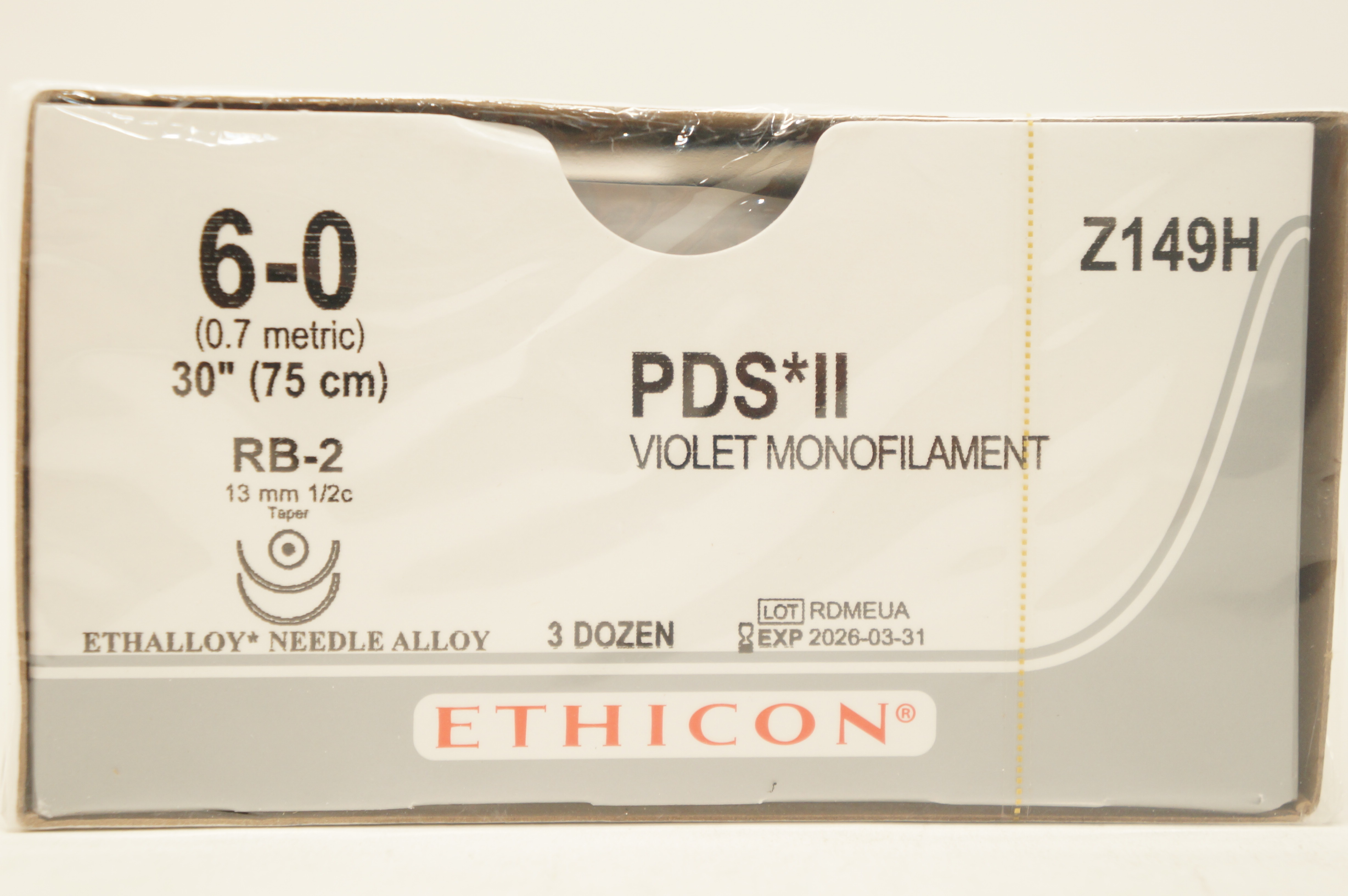 Ethicon Z149H 6-0 PDS* II Violet Monofilament 30in RB-2 13mm 1/2c Taper-Box of36