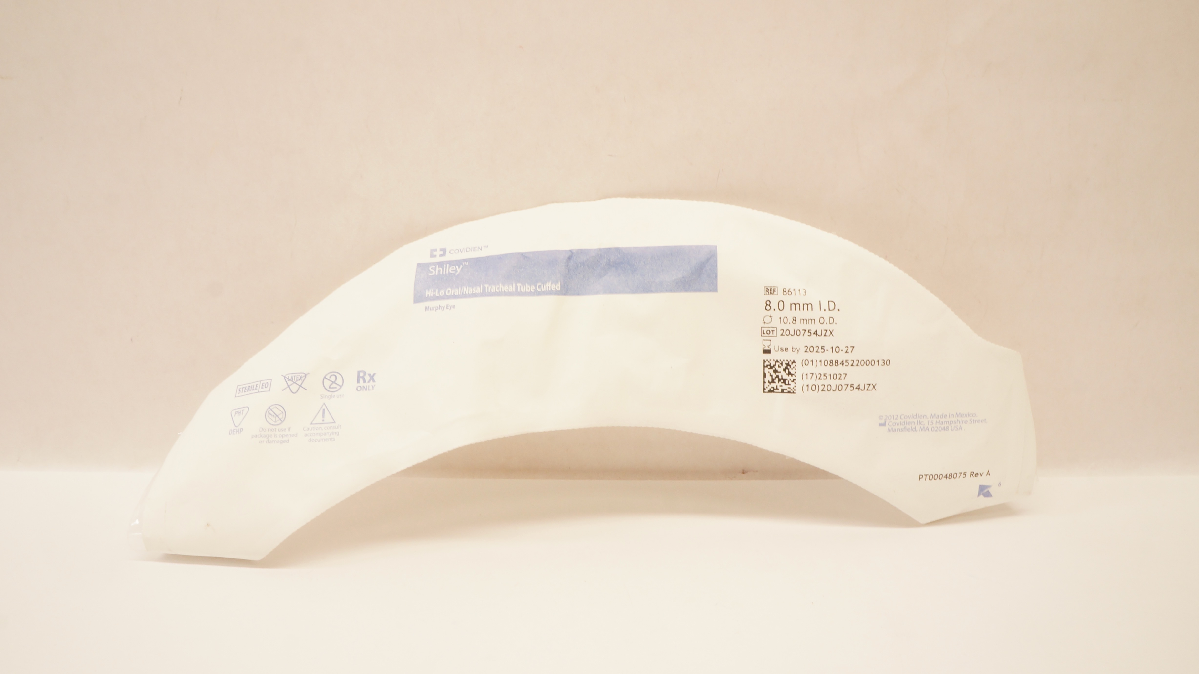 Covidien 86113 Shiley Hi-Lo Oral/Nasal Tracheal Tube Cuffed 8.0mm ID x 10.8mm OD