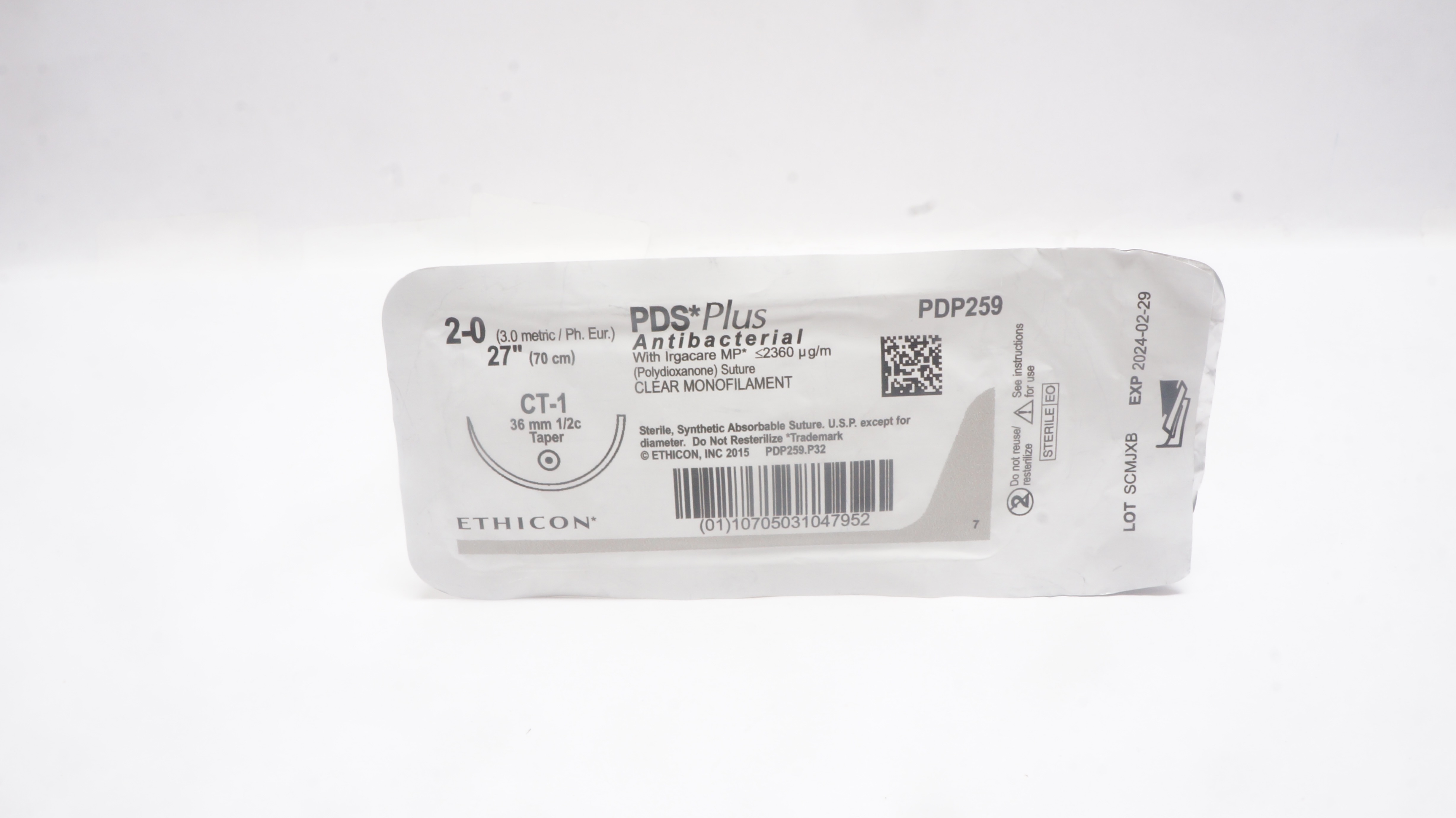 Ethicon PDP259 2-0 PDS Plus Antibacterial Stre CT-1, 36mm 1/2c Taper, 27inch