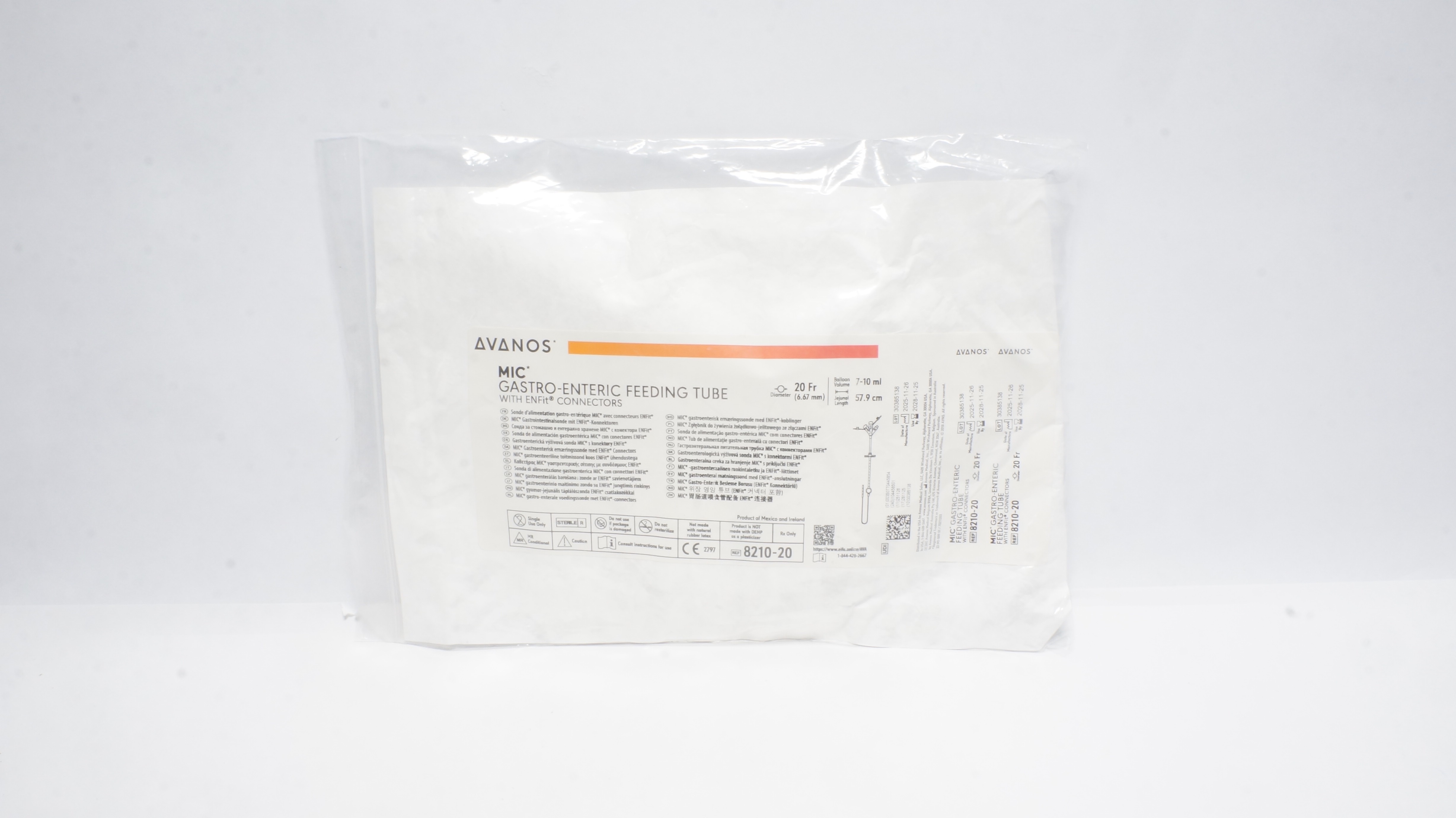 Avanos 8210-20 MIC Gastrro-Enteric Feeding Tube W/Connectors 20Frx7-10mlx57.9cm