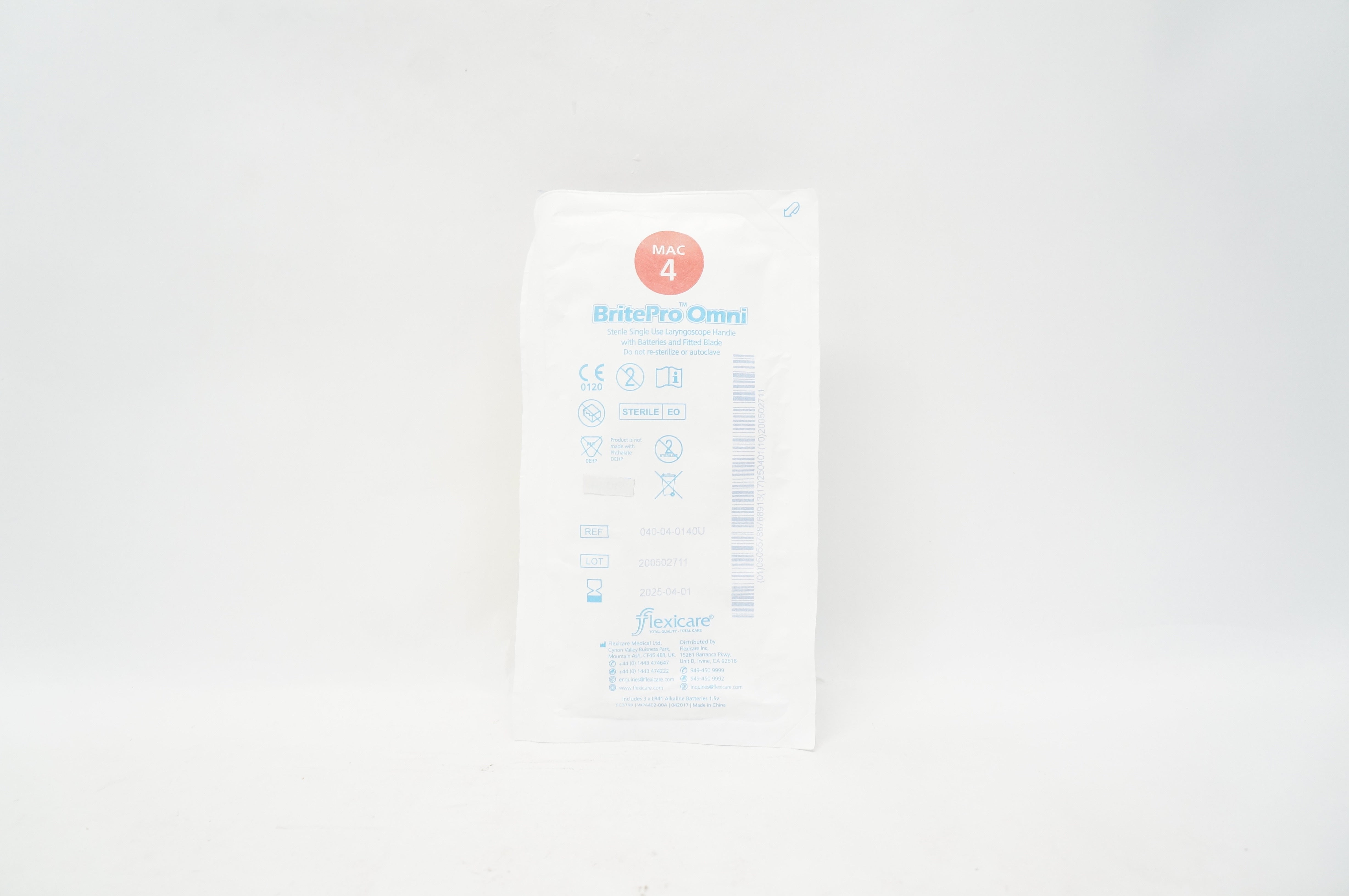 Flexicare 040-04-0140U BritePro Laryngoscope Handle w/Batteries & Fitted Blade