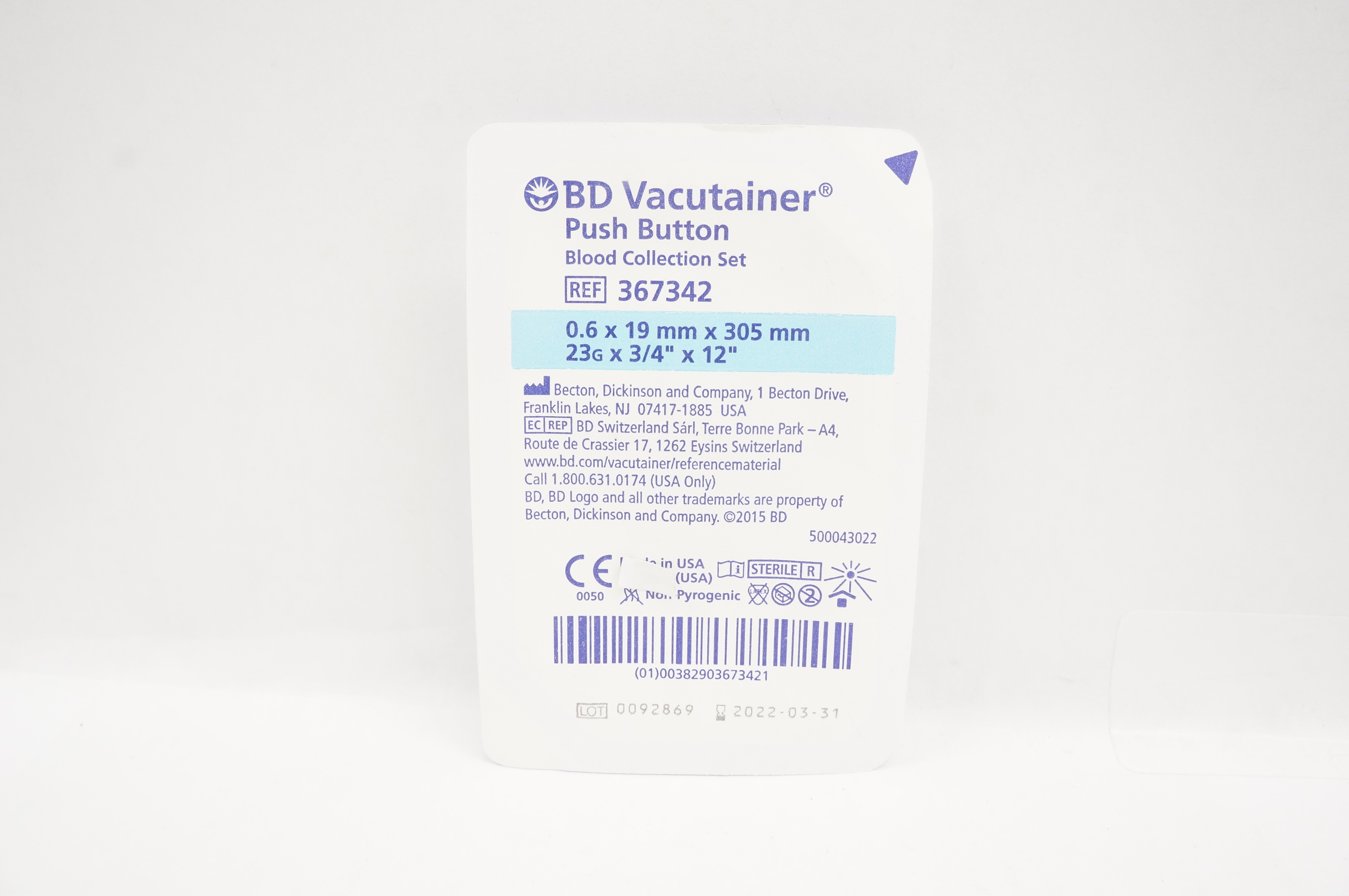 BD 367342 Vacutainer Push Button Blood Collection Set 23G x 3/4inch x 12inch (x)