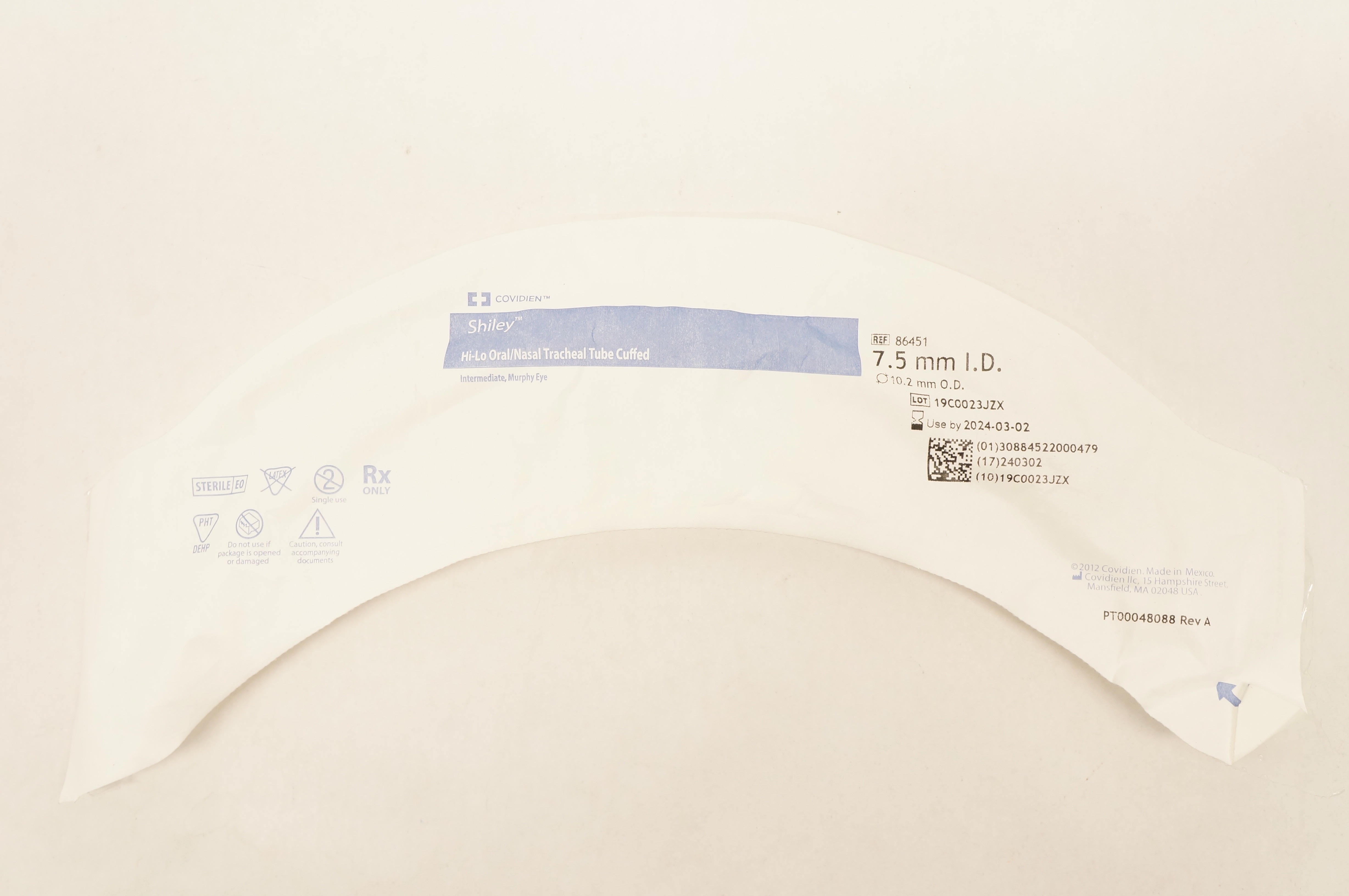 Covidien 86451 Shiley Hi-Lo Oral/Nasal Tracheal Tube Cuffed 7.5mm x 10.2mm
