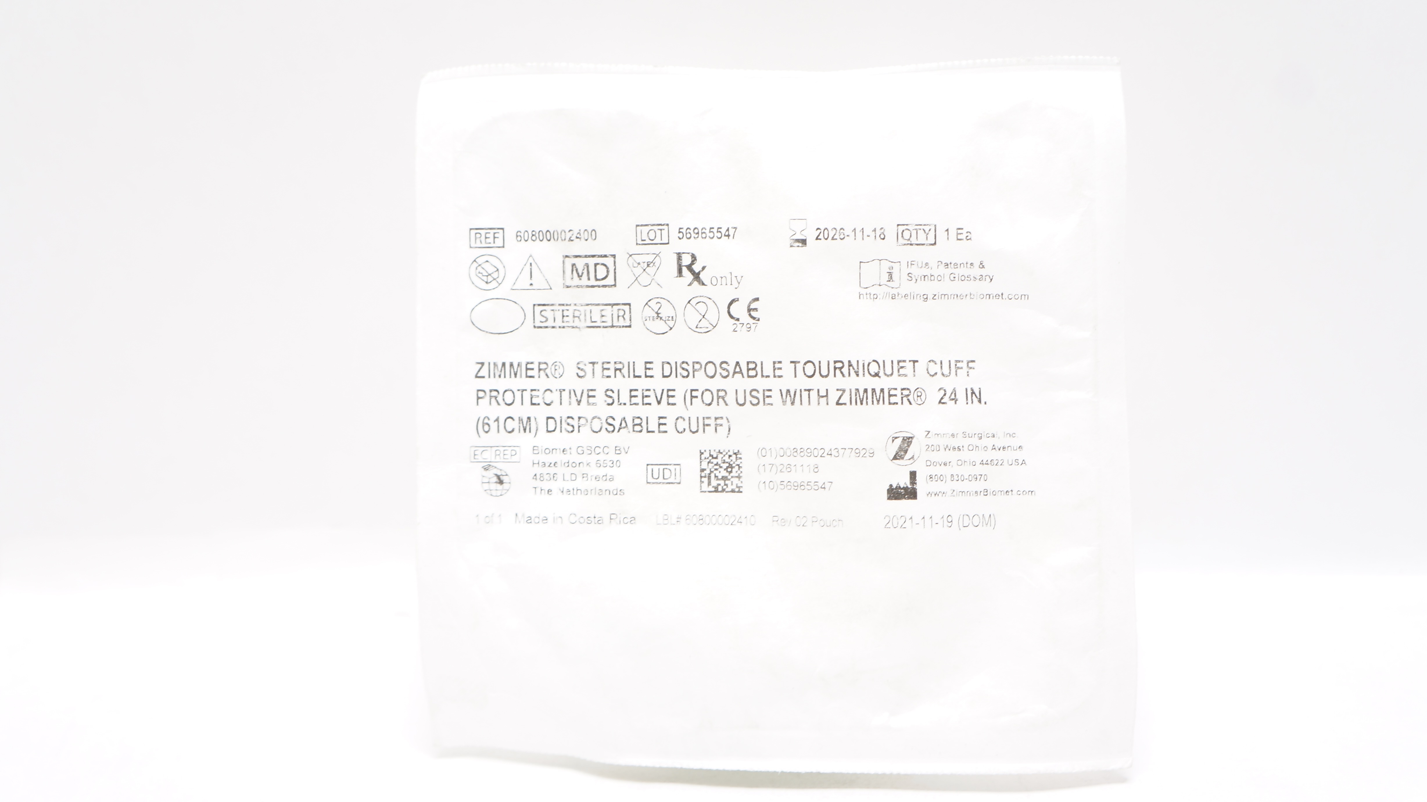 Zimmer 60800002400 Sterile Disposable Tourniquet Cuff Protective Sleeve 24inch