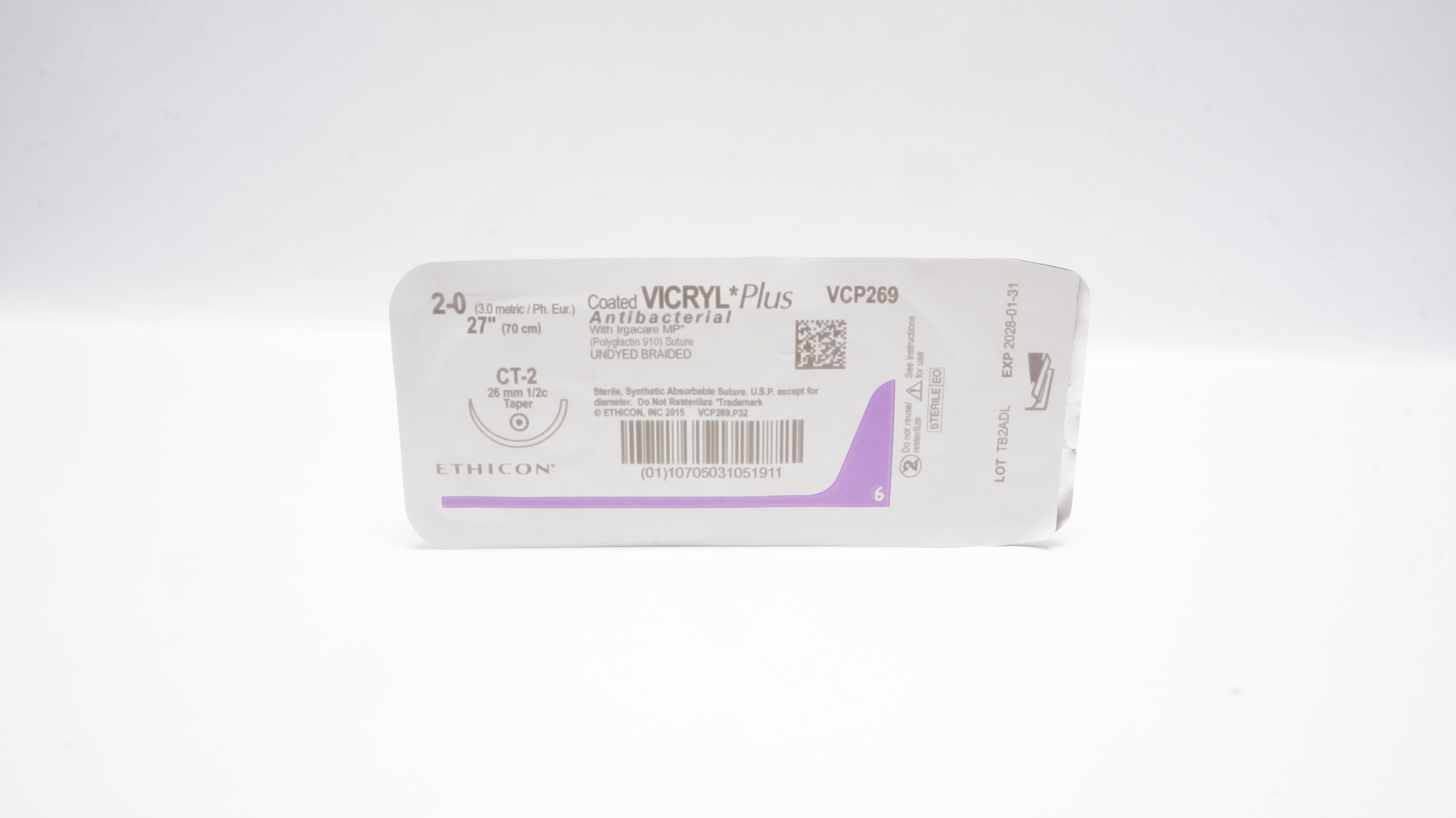 Ethicon VCP269 2-0 VICRYL Plus Polyglactin Stre CT-2 26mm 1/2c Taper, 27inch