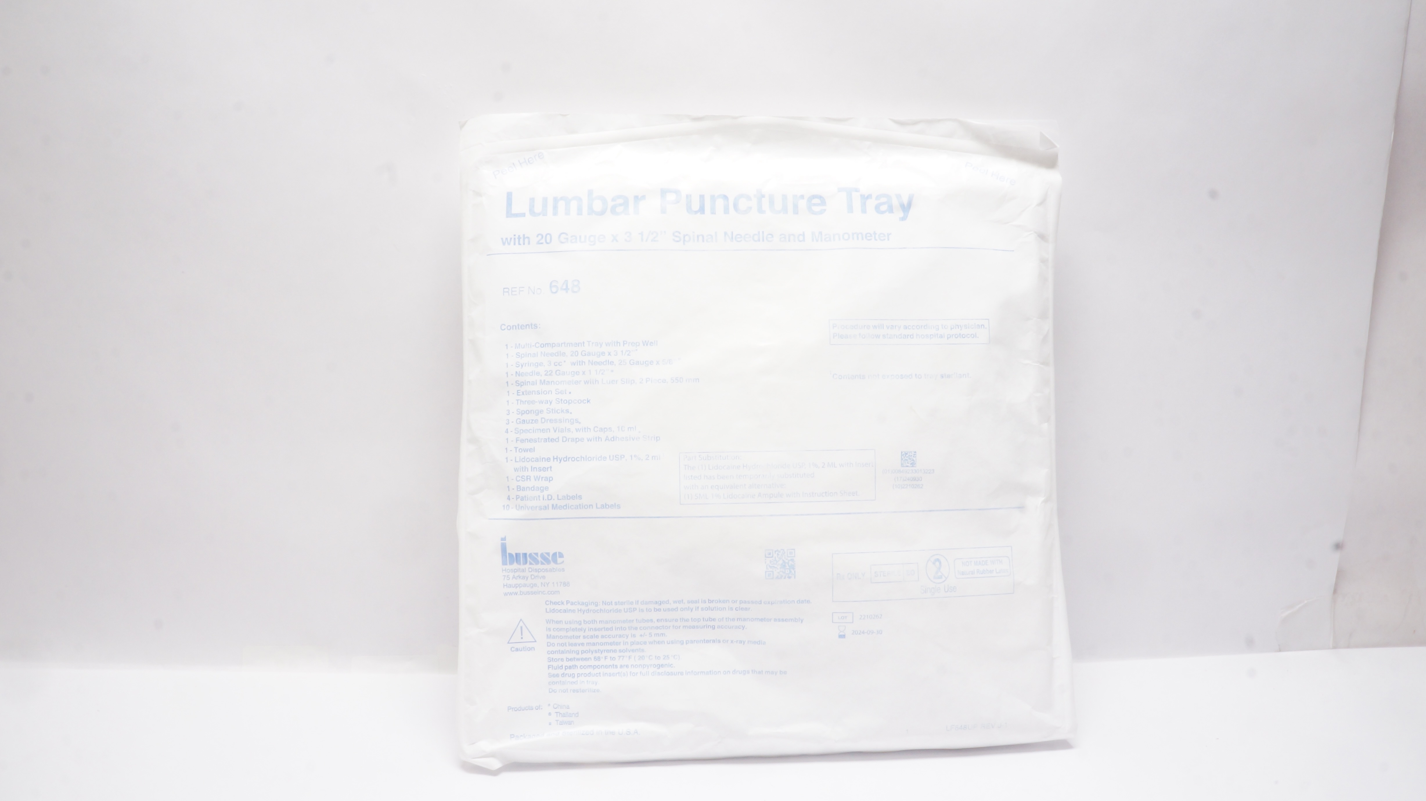 Busse 648 Lumbar Puncture Tray W/20 Gauge x 3 1/2inch Spinal Ndle & Manometer