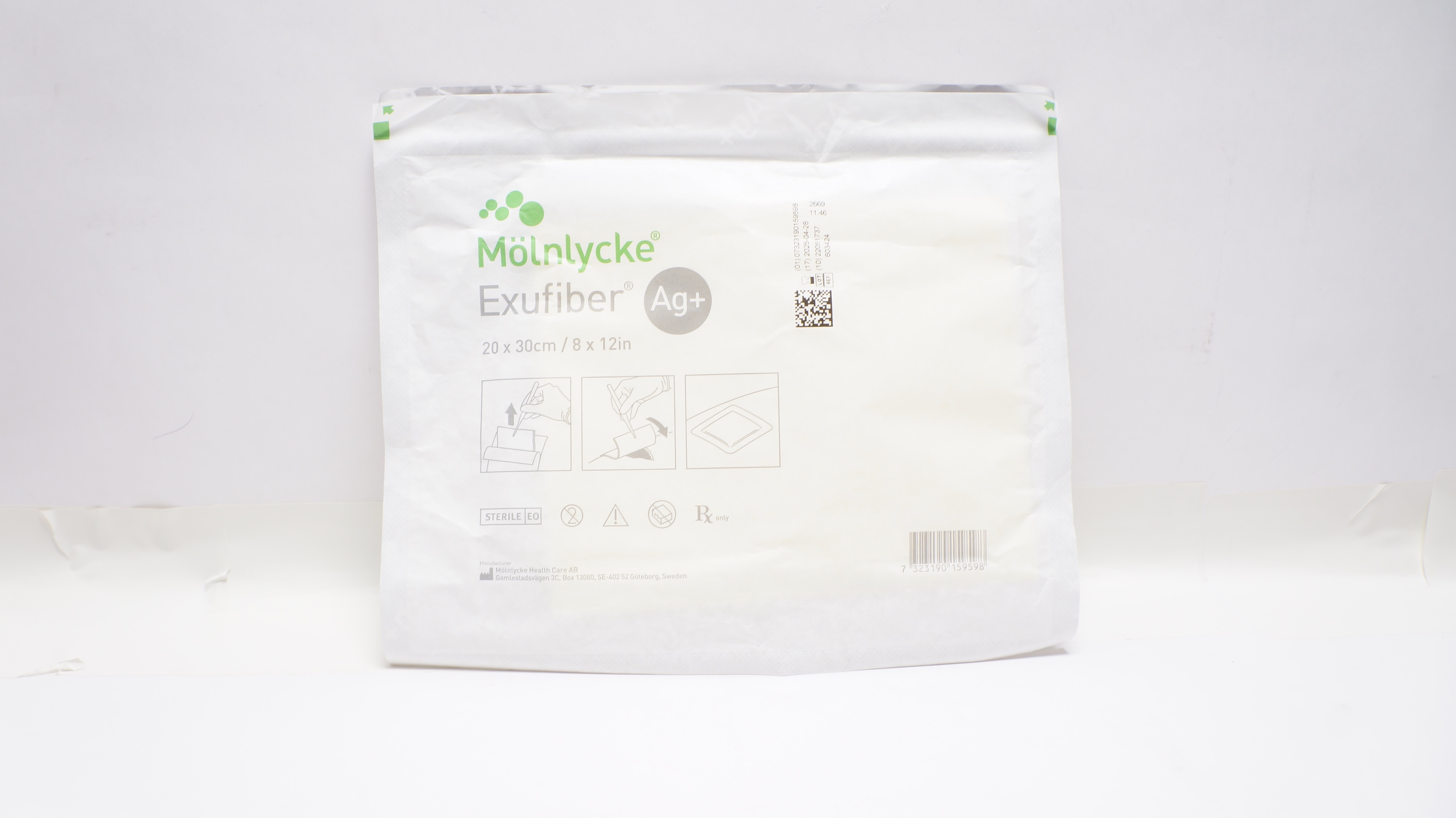 Molnlycke 603424-00 Exufiber Ag+ Antimicrobial Gelling Fiber Dressing 8 x 12inch