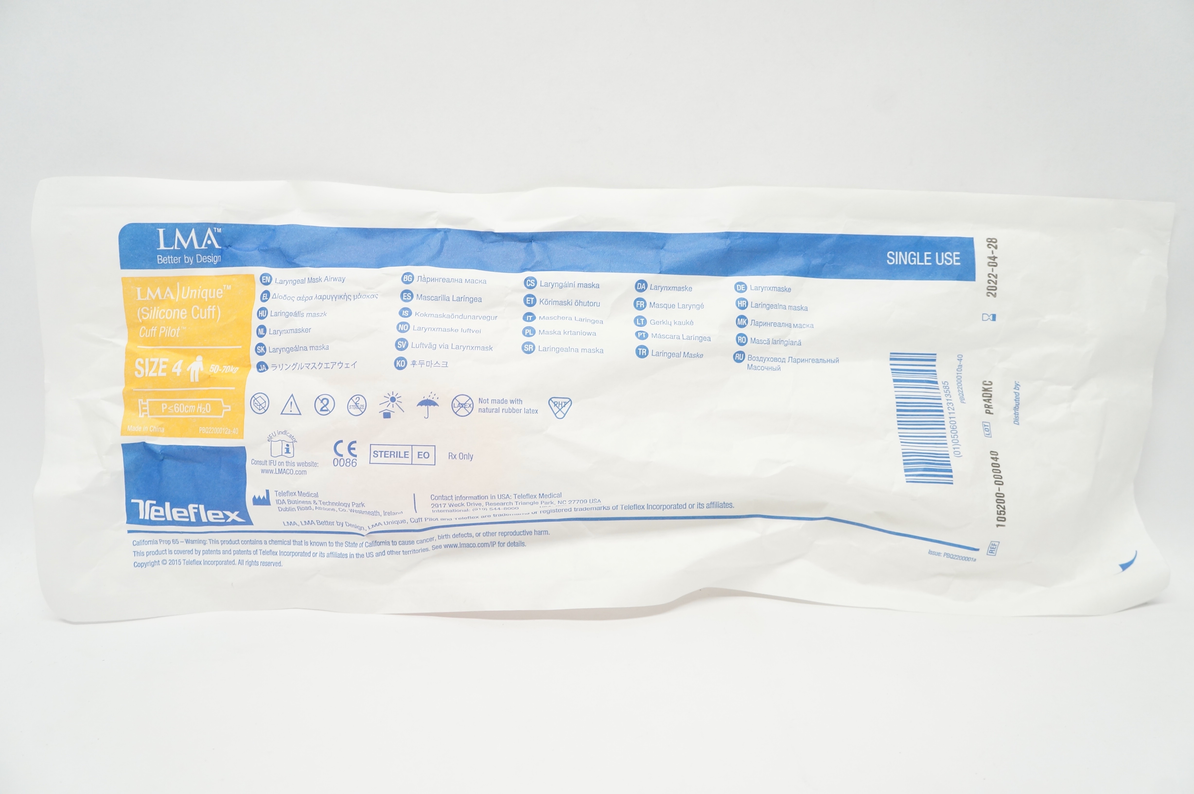 Teleflex 105200-000040 LMA Unique Laryngeal MaskAirway Size 4 50-70kg (x)