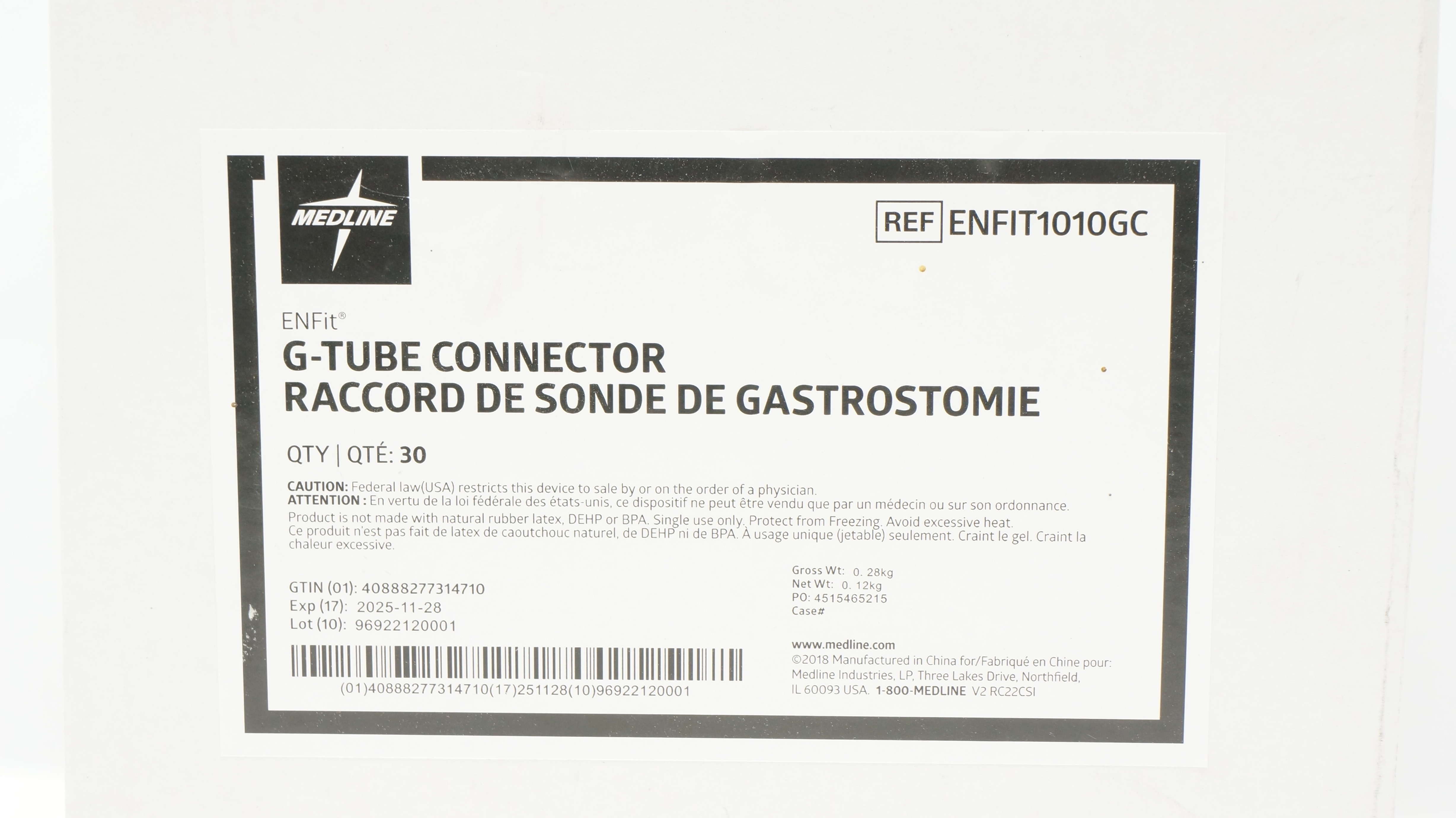 Medline ENFIT1010GC ENFit G-Tube Connector - Box of 29