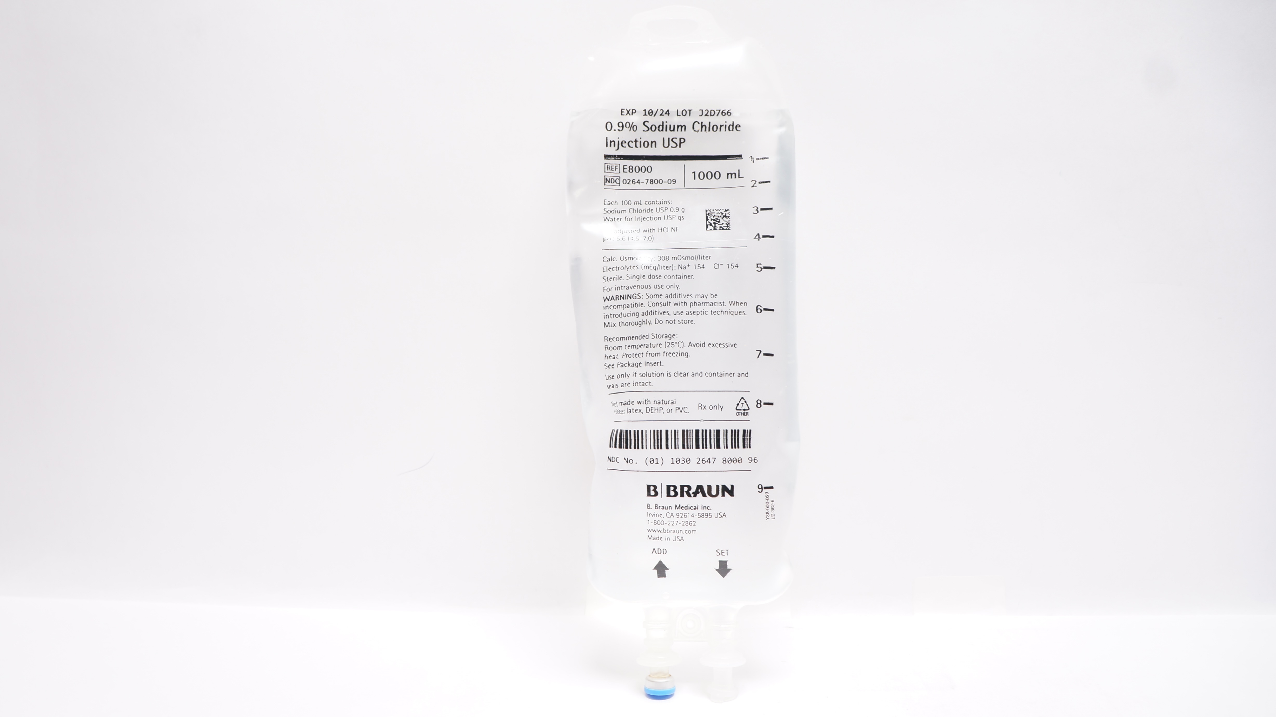 B.Braun E8000 0.9% Sodium Chloride Injection USP 1000 ml