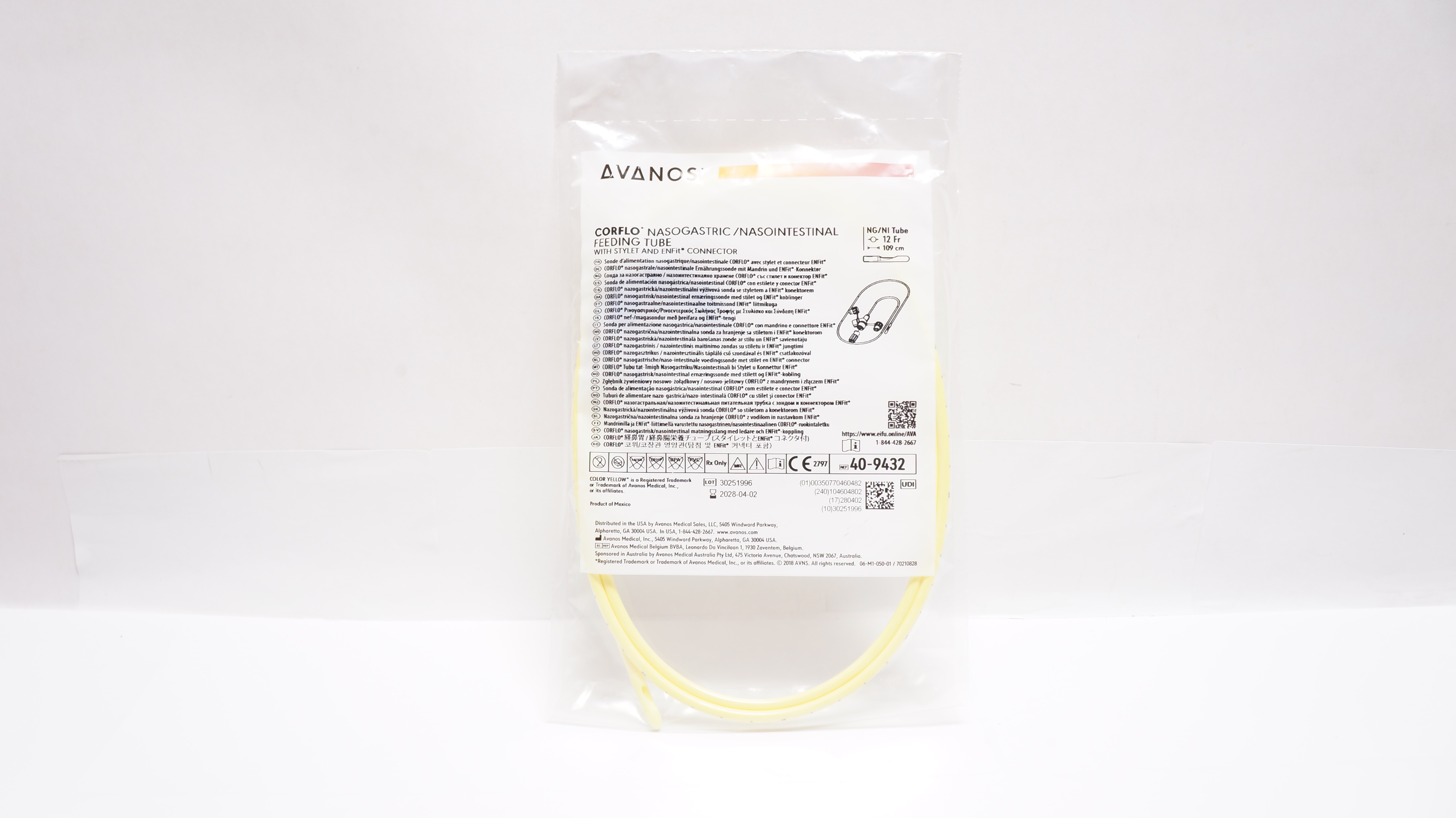 Avanos 40-9432 Corflo Nasogastric/Nasointestinal Feeding Tube 12Fr x 109cm