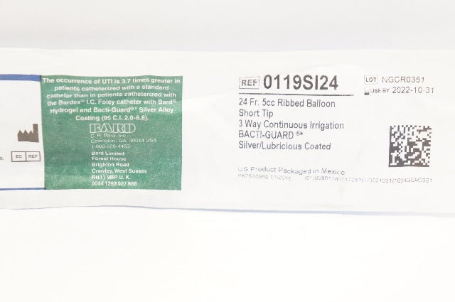 Bard 0119SI24 Bardex I.C. Anti-Infective Foley Cath. 24Fr 5cc Ribbed Balloon (x)