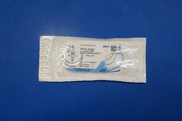 Ethicon 8843 2-0 PROLENE, MH 36mm 1/2c Taper, Blue Monofilament, 36