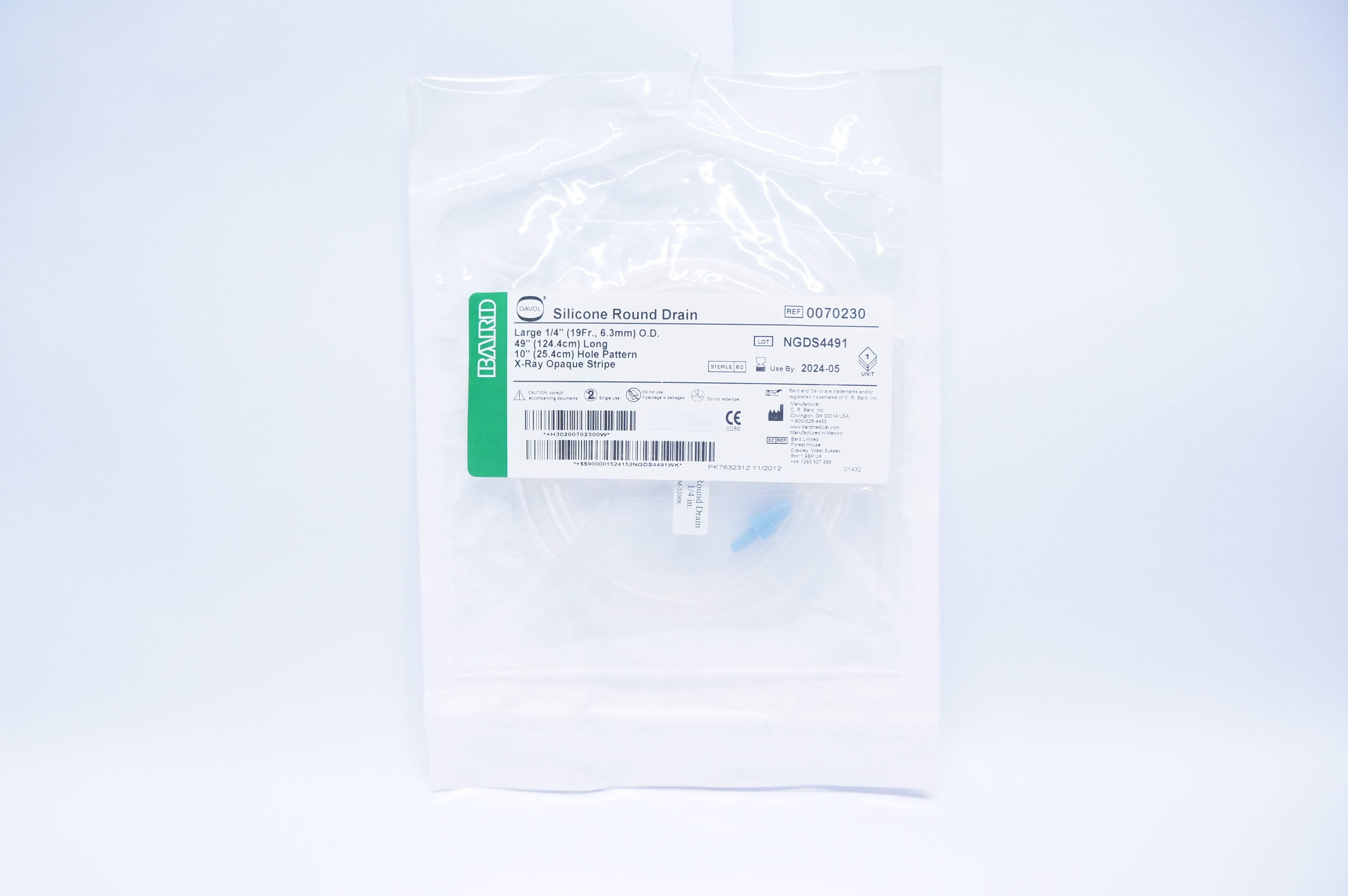Bard 0070230 Davon Silicone Round Drain, Large 1/4inch OD, 49inch Long